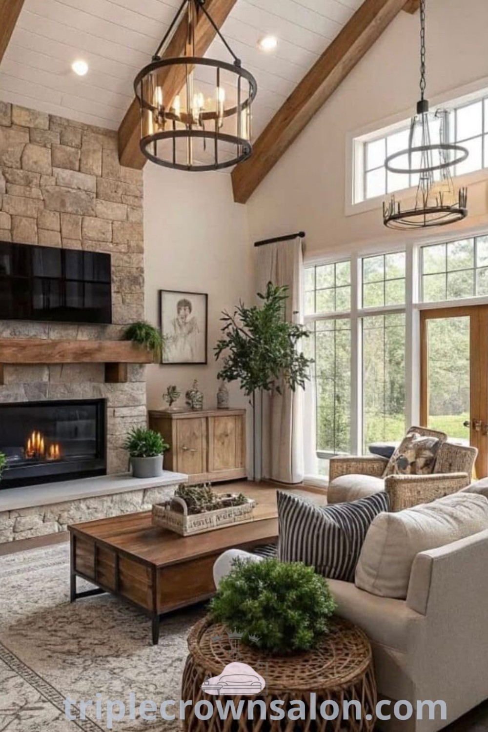 A captivating living room filled with stylish furniture and a central fireplace, showcasing modern farmhouse living and decor inspirations. Discover cozy ideas for your home and unique design tips at triplecrownsalon.com.