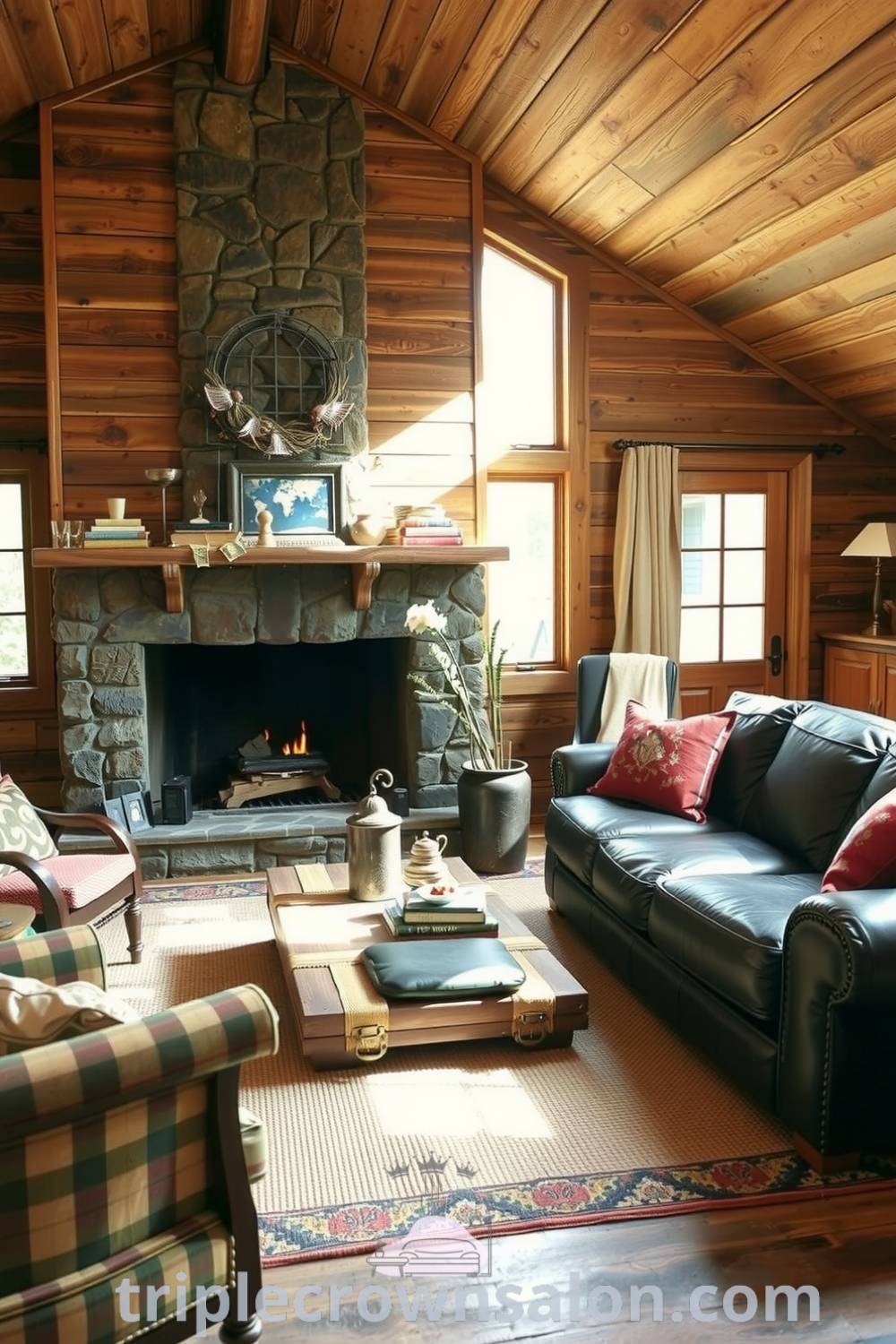 Rustic living room with reclaimed wood walls, plush leather sofa, and a stone fireplace creating a cozy atmosphere, featuring mismatched chairs and a weathered coffee table filled with books and trinkets, showcasing unique decor ideas for your home, from fireplacesandwoodstoves.com.