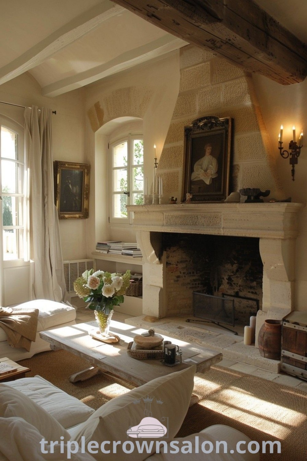 A cozy living room filled with French country furniture and a fireplace, showcasing inspiring decor ideas that reflect a French-inspired home aesthetic. This inviting space offers unique design ideas for a cozy home. Discover more decor inspirations at triplecrownsalon.com.