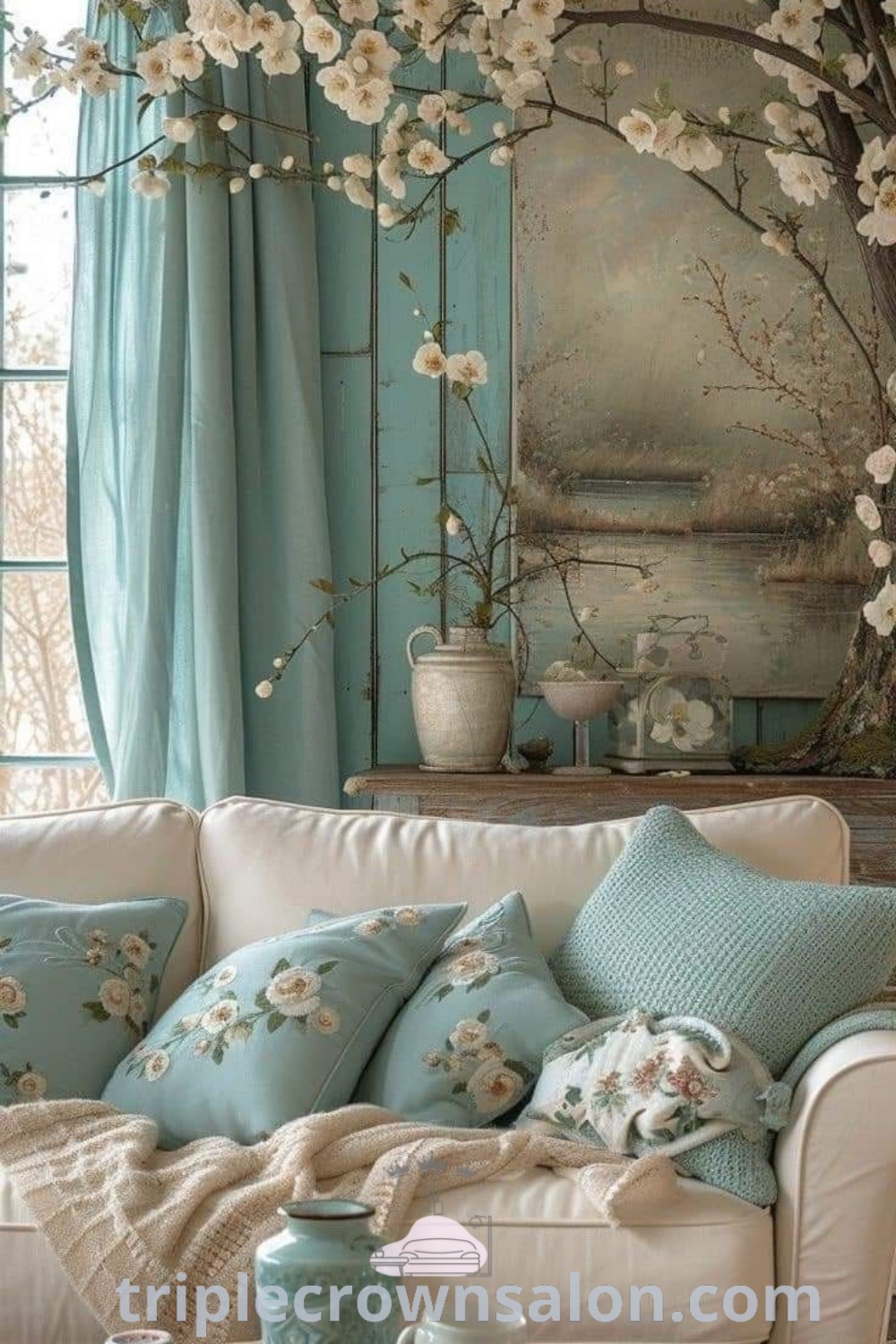 A spring-inspired living room featuring white furniture, floral wall art, and bright decor elements, creating a cozy home atmosphere. This design showcases inspiring ideas for home decor and unique decorating tips from triplecrownsalon.com.