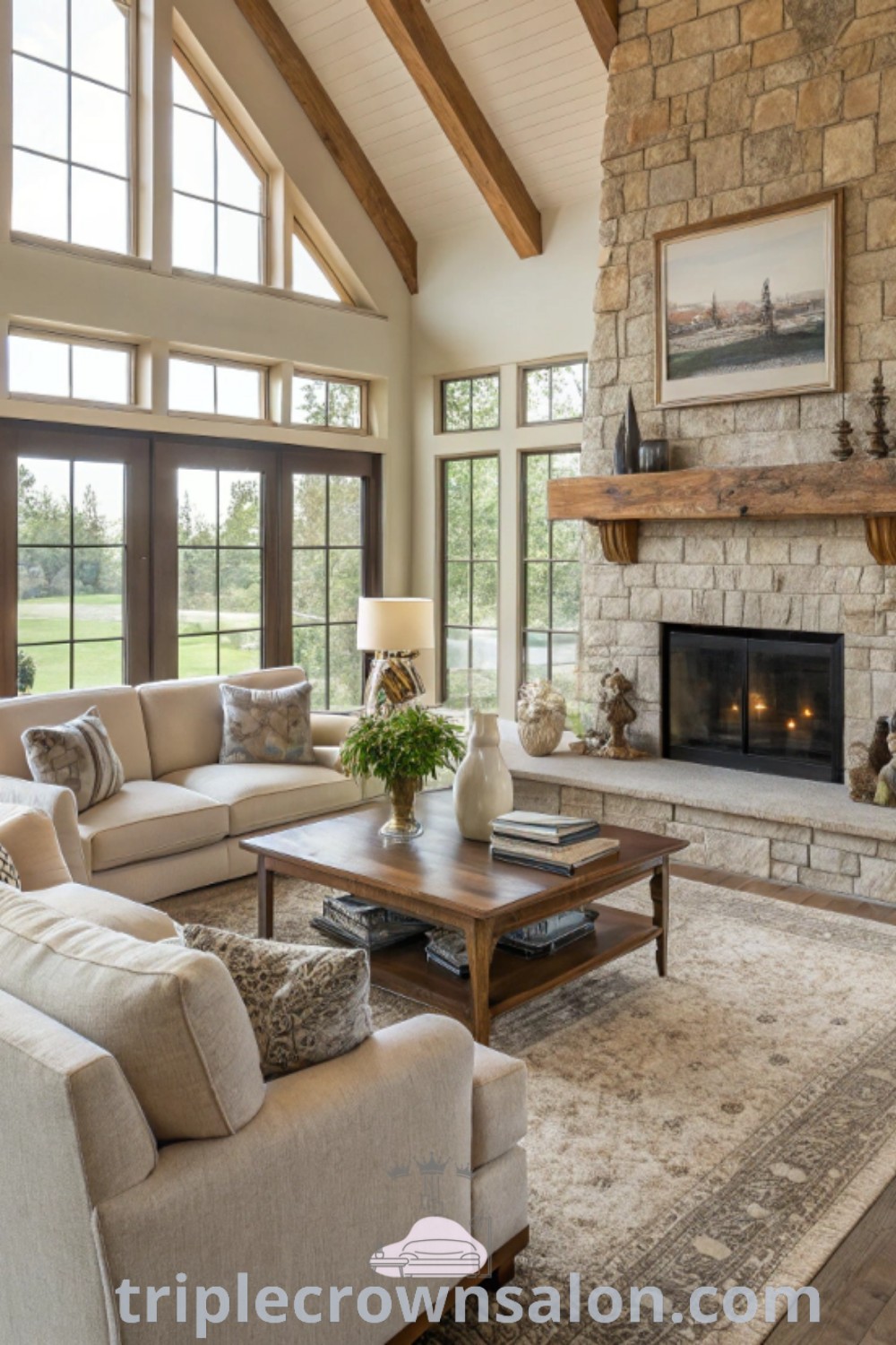 A cozy farmhouse living room with a fireplace, open floor plan, and vaulted ceilings, showcasing farm style house decor and design ideas. Perfect for family gatherings, this inviting space features inspiring decor ideas for a dream beach house. Explore more inspirations at triplecrownsalon.com.