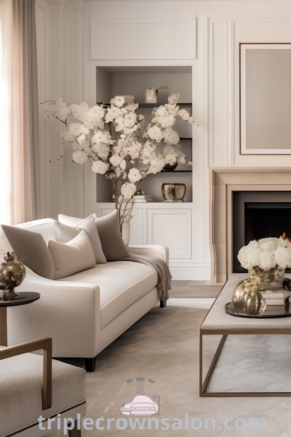 A cozy modern living room with white furniture and flowers on a coffee table in front of a fireplace, showcasing symmetrical design and luxurious decor inspirations. This unique living room creates an inviting ambiance, perfect for relaxation and wellness. Discover more ideas for your home at wellnesswink.com.