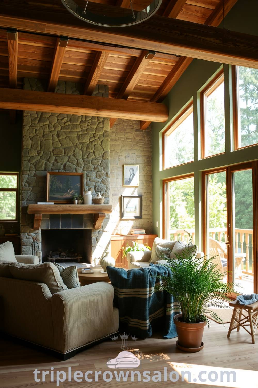 Cozy nature-inspired living room featuring soft greens, earthy browns, weathered wooden beams, a stone fireplace, and potted plants for a tranquil and inviting atmosphere, perfect for design inspirations and cozy home decor ideas on triplecrownsalon.com.