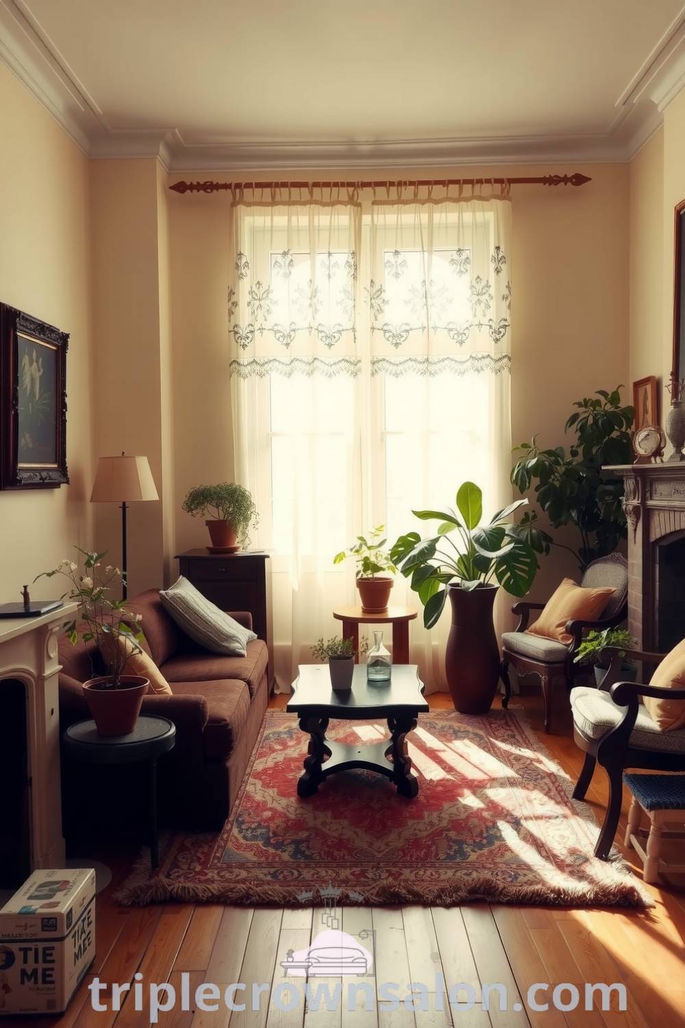 Cozy French living room with beige walls, rich wooden furniture, a plush rug, lace curtains, potted plants, and a fireplace, offering decor ideas for a warm and inviting home atmosphere. Visit triplecrownsalon.com for more cozy home inspirations.
