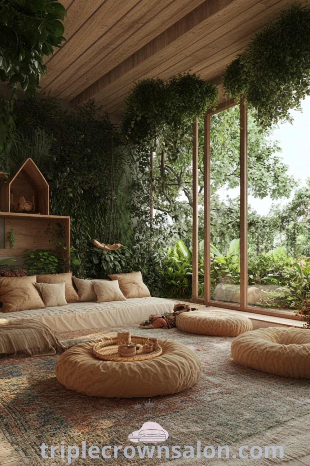 A serene Forest Lounge filled with an abundance of plants and cozy pillows on a wooden floor, providing an inviting atmosphere for home relaxation, yoga, or meditation. Explore unique ideas and design tips for your home at triplecrownsalon.com.