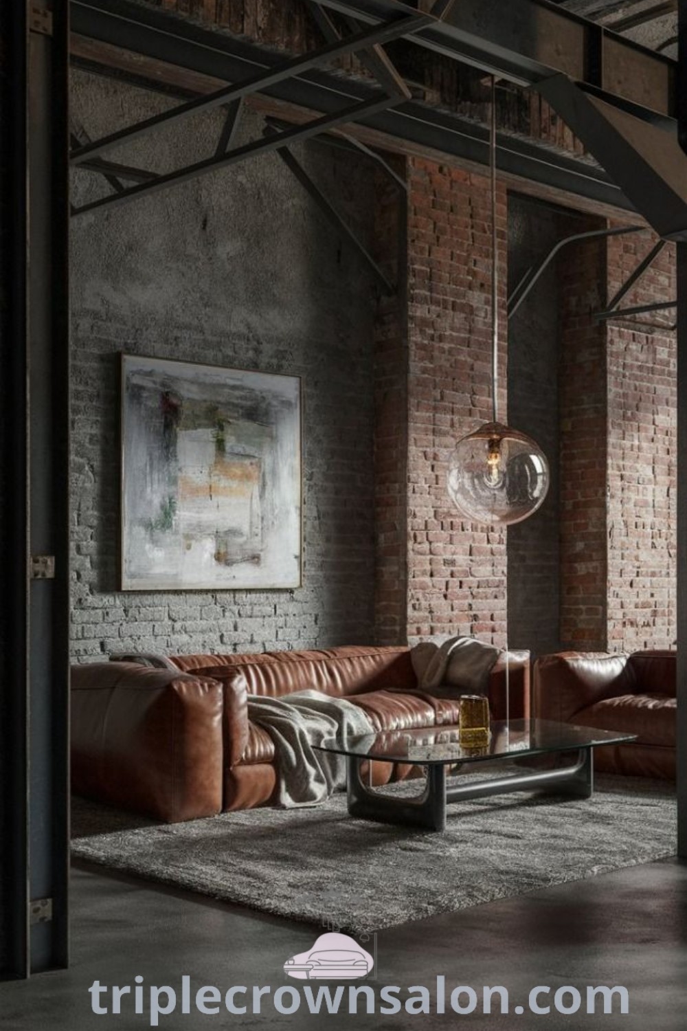 An industrial living room showcasing exposed brick walls, leather couches, and a chandelier, illustrating a modern industrial design with cozy ideas. This decor inspiration highlights unique ideas for your home and blends minimalist industrial aesthetics with functional elements. Visit triplecrownsalon.com for more design tips and inspirations.