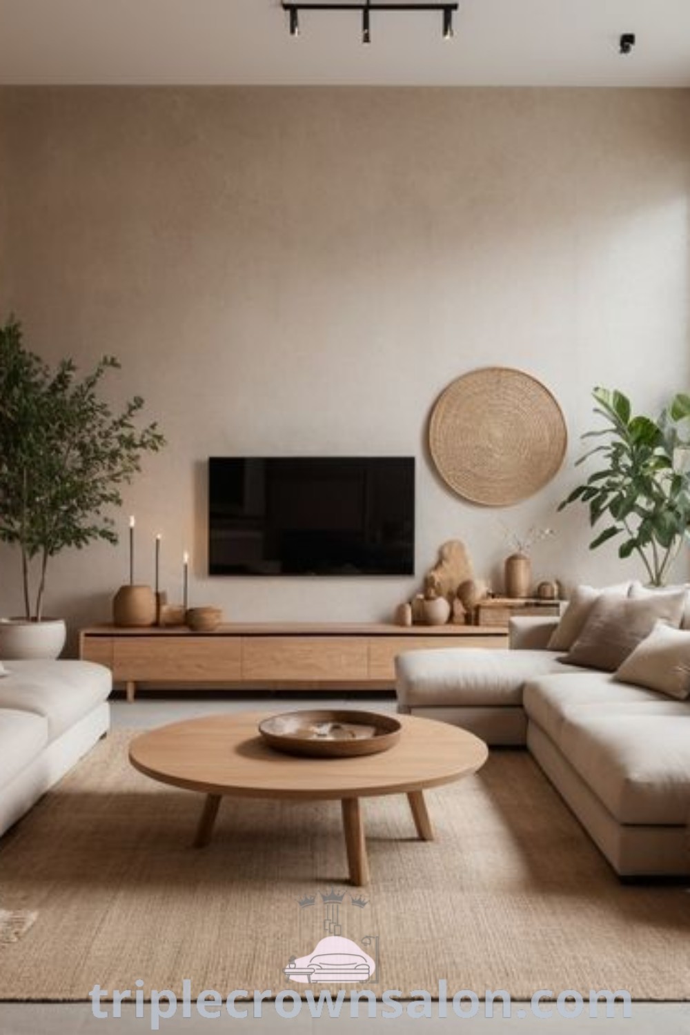 A stylish Japandi living room filled with cozy furniture and a flat screen TV, showcasing unique design ideas and decor inspirations. This inviting space offers a blend of Japanese and Scandinavian aesthetics, perfect for a cozy home. Explore more on design trends at triplecrownsalon.com.