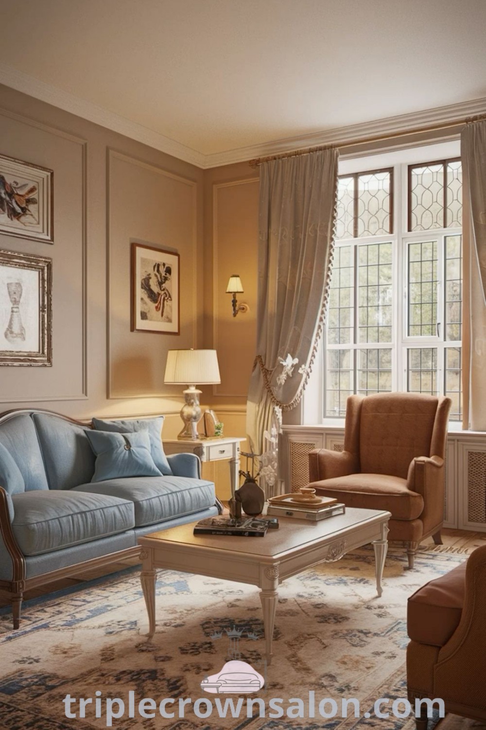 A cozy living room with couches, chairs, and tables in front of large windows, designed in Old English Modern Interior style. This space features elements from Classic British style and English style apartment themes, offering unique decor ideas for an inspiring home. Explore more inspirations at wellnesswink.com.