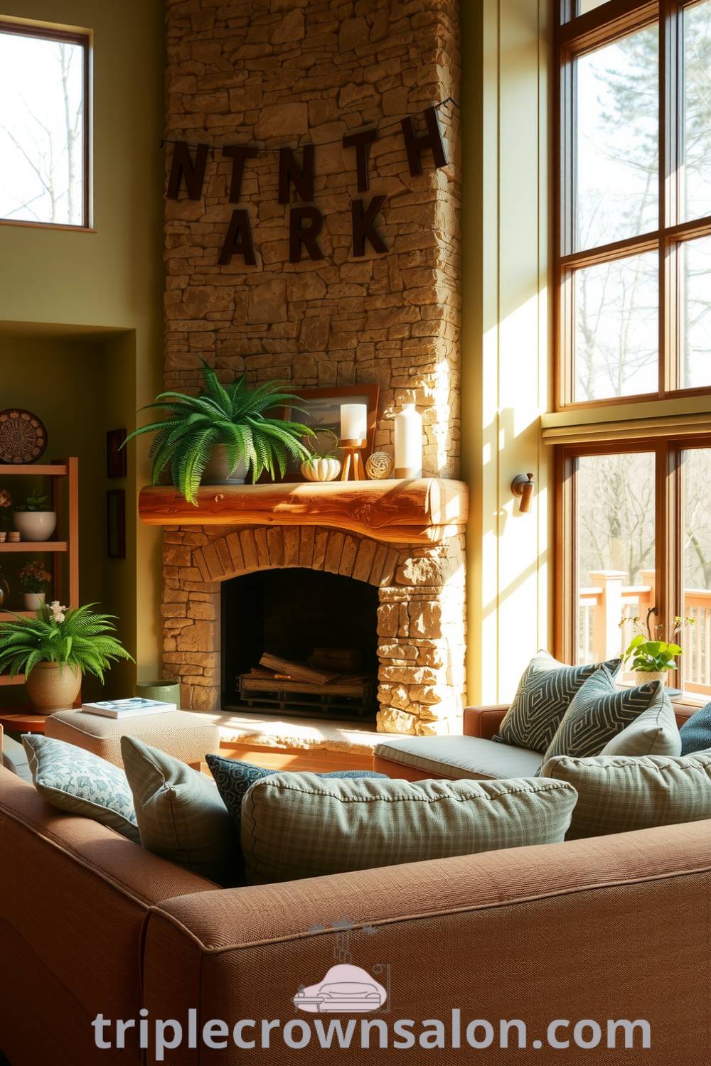 Nature-inspired living room with moss-green walls, handcrafted sofa with natural fabric cushions, large windows, textured stone fireplace, and potted ferns and wildflowers, offering cozy and inspiring decor ideas for your home. Visit triplecrownsalon.com for more unique ideas.