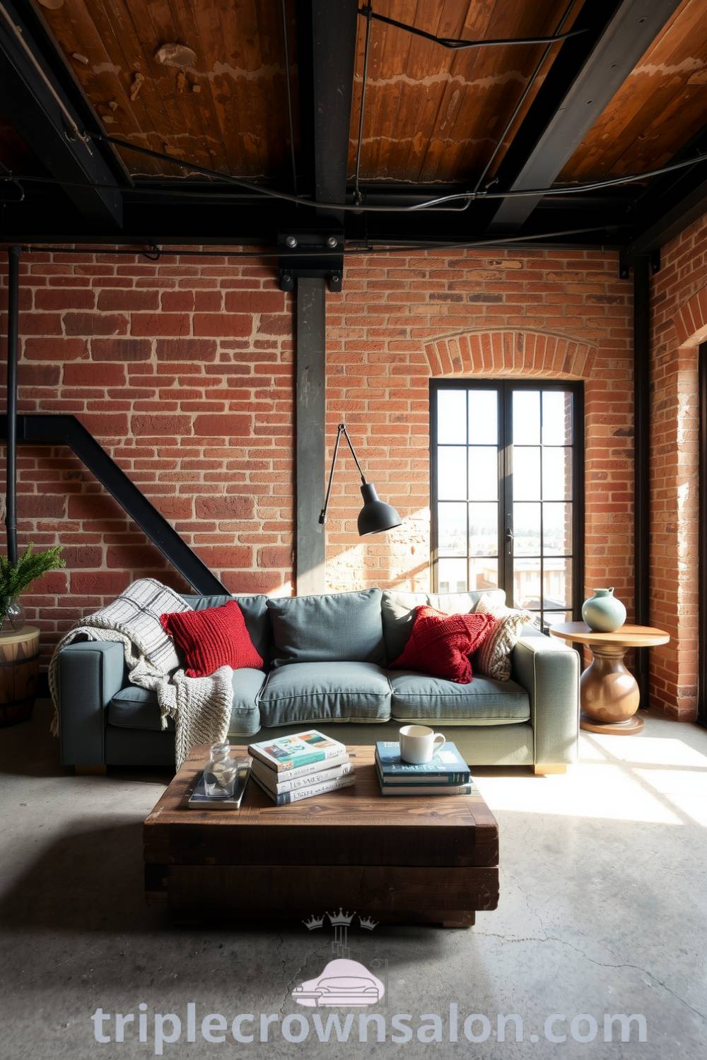 Cozy industrial living room with exposed brick walls, steel beams, plush grey sofa, reclaimed wood coffee table, and large windows allowing natural light, featuring cozy decor ideas for your home. Visit triplecrownsalon.com for more inspiring decor ideas.