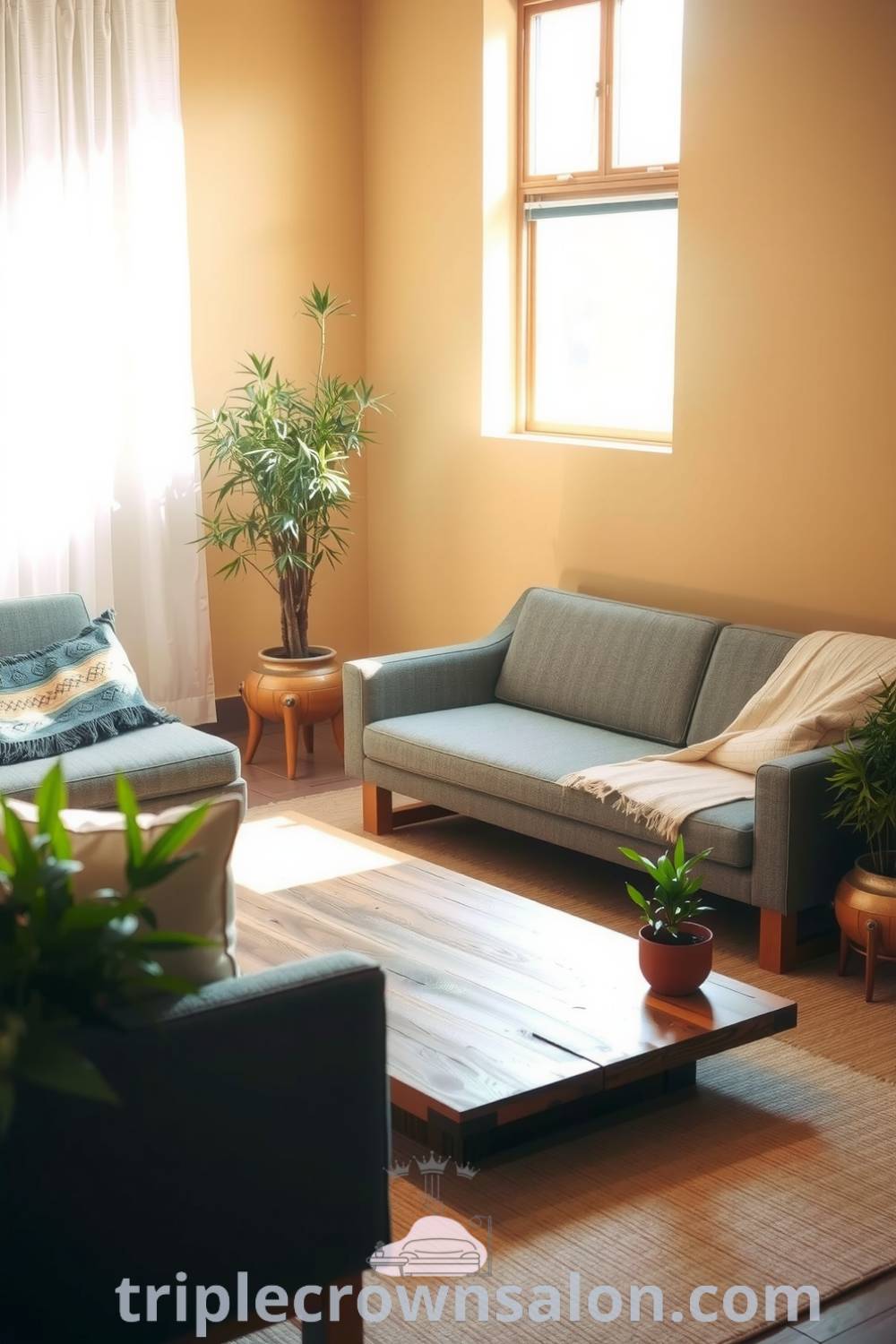 Japandi living room with soft yellow accent wall, muted gray sofas, low wooden coffee table, rustic bamboo plants in pots, creating a cozy aesthetic and inspiring decor ideas for your home. Visit triplecrownsalon.com for more unique ideas.