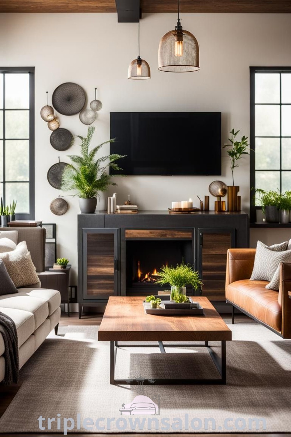 A cozy industrial living room featuring modern decor, metal accents, and plush furnishings, designed for small spaces. This inviting area showcases unique ideas and inspirations, catering to comfort and style in your home. Discover more decor ideas at triplecrownsalon.com.