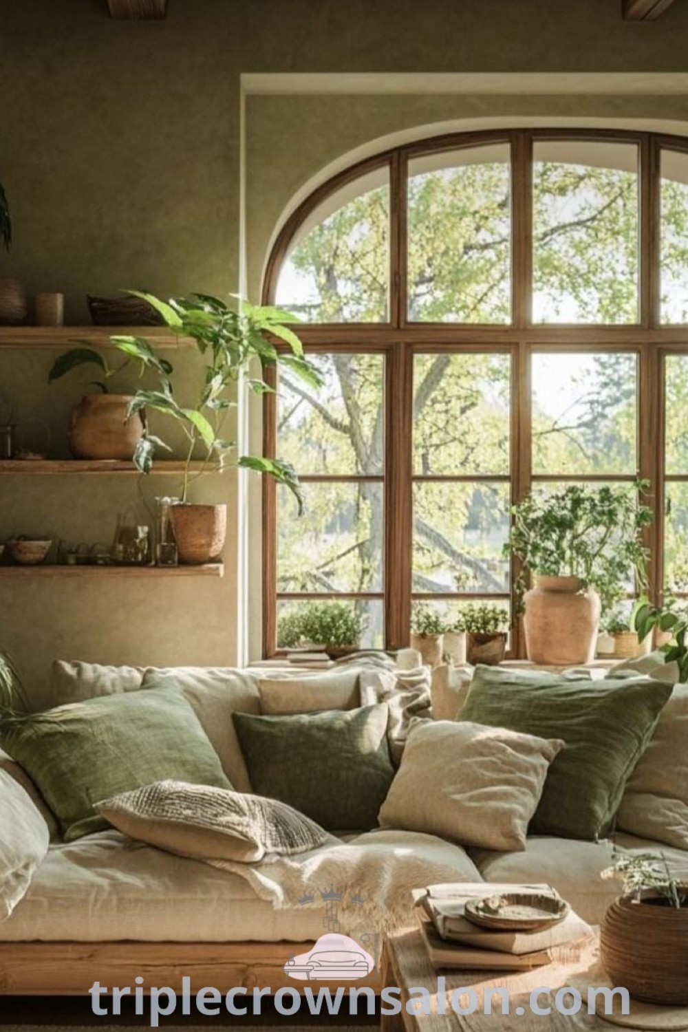 A cozy living room filled with plants and brown and green decor, featuring a large window that invites natural light. This space offers unique ideas for home decor and inspiring designs to create an eco-friendly, earthy aesthetic. Discover more decor ideas at triplecrownsalon.com.