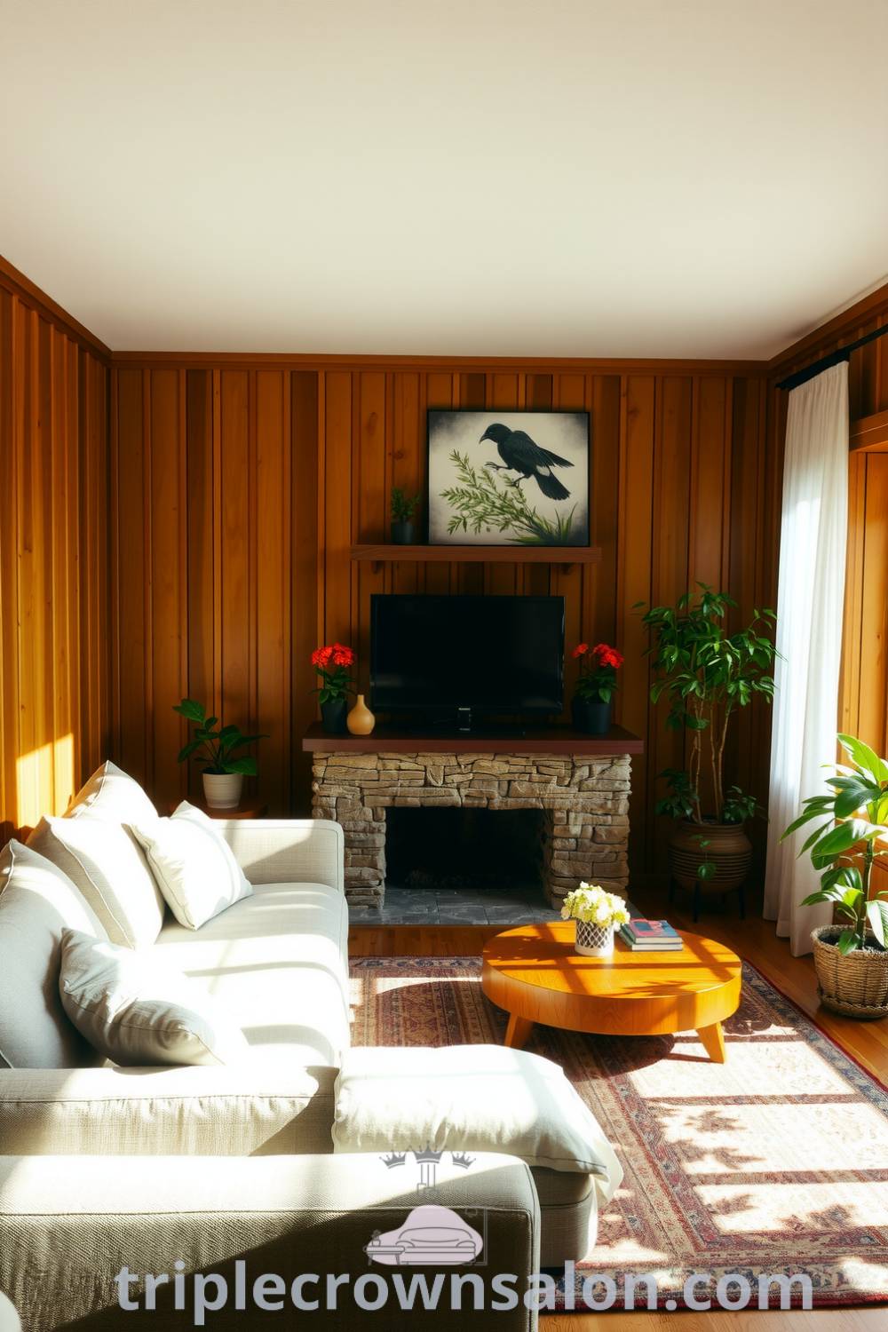 Cozy living room design featuring soft earthy tones, warm wood accents, a low-slung linen sofa, a natural stone fireplace, and potted plants, embodying a serene and inviting atmosphere for relaxation. Visit triplecrownsalon.com for inspiring decor ideas.