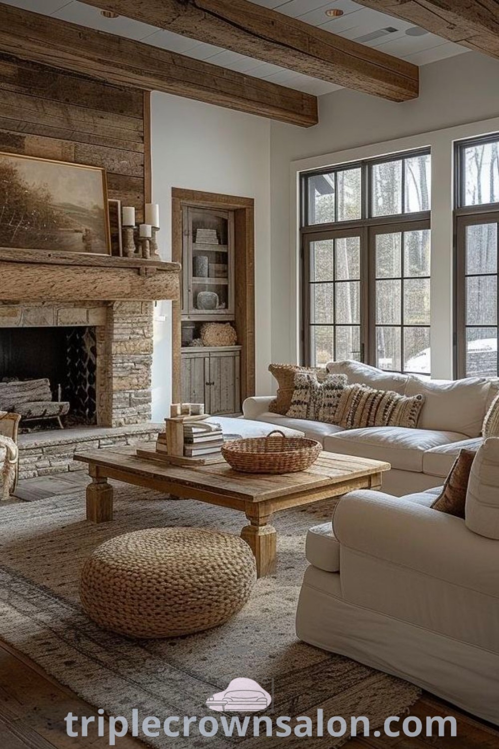 A cozy German-style living room with furniture arranged around a warm fireplace, complemented by bookshelves and rustic decor elements. This design offers ideas for your home, highlighting cozy aesthetics and unique decor inspirations for small spaces. Discover more at triplecrownsalon.com.