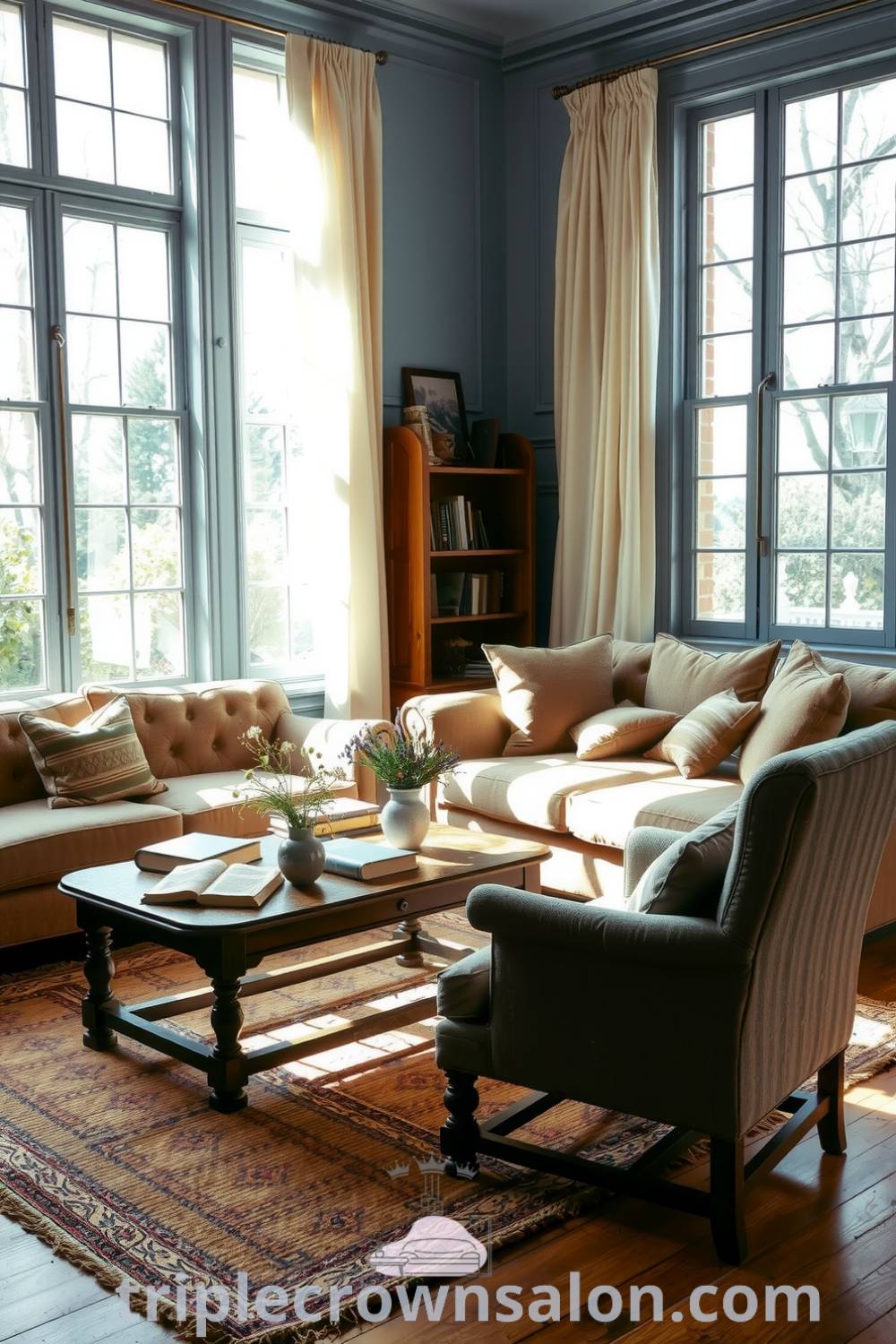 Cozy living room with soft blue walls, a plush overstuffed sofa, and a weathered coffee table adorned with books and wildflowers, creating inviting decor ideas for a warm and welcoming home atmosphere at fireplacesandwoodstoves.com.