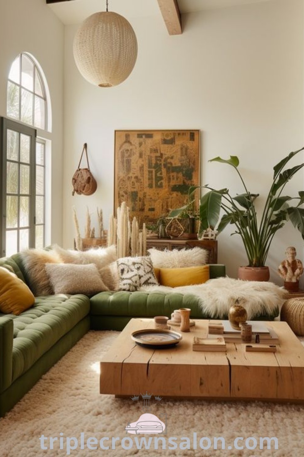 A vibrant living room filled with various furniture and lush green plants on a white rug, creating a cozy and inviting atmosphere. This earthy living room design offers unique decor ideas and inspirations for creating a cheerful home environment. Discover more at wellnesswink.com.