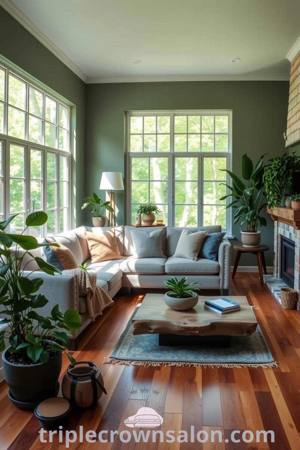 Cozy nature-inspired living room with warm wooden floors, earthy green walls, a plush linen sofa, muted cushions, reclaimed wood coffee table, large windows, and thriving potted plants, offering cozy ideas and decor inspirations for your home at triplecrownsalon.com.