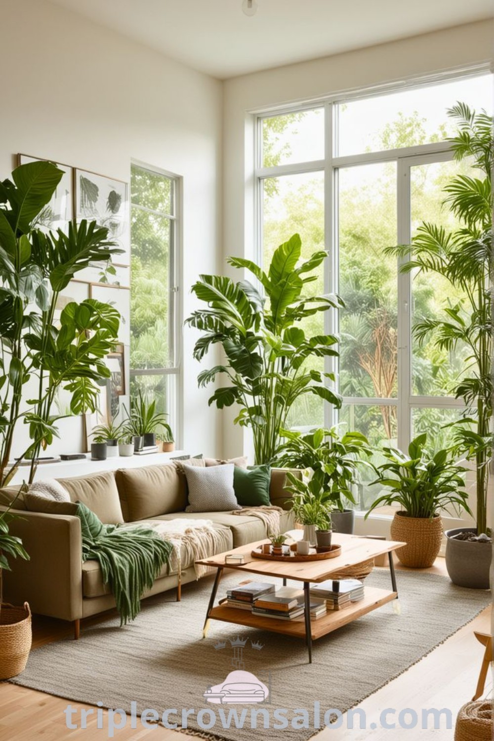 A cozy living room design featuring numerous potted plants in front of large open windows, creating a bright and inviting atmosphere. This botanical living room provides decor ideas for small spaces and inspiring plant decor living room suggestions. Explore more design tips at triplecrownsalon.com.