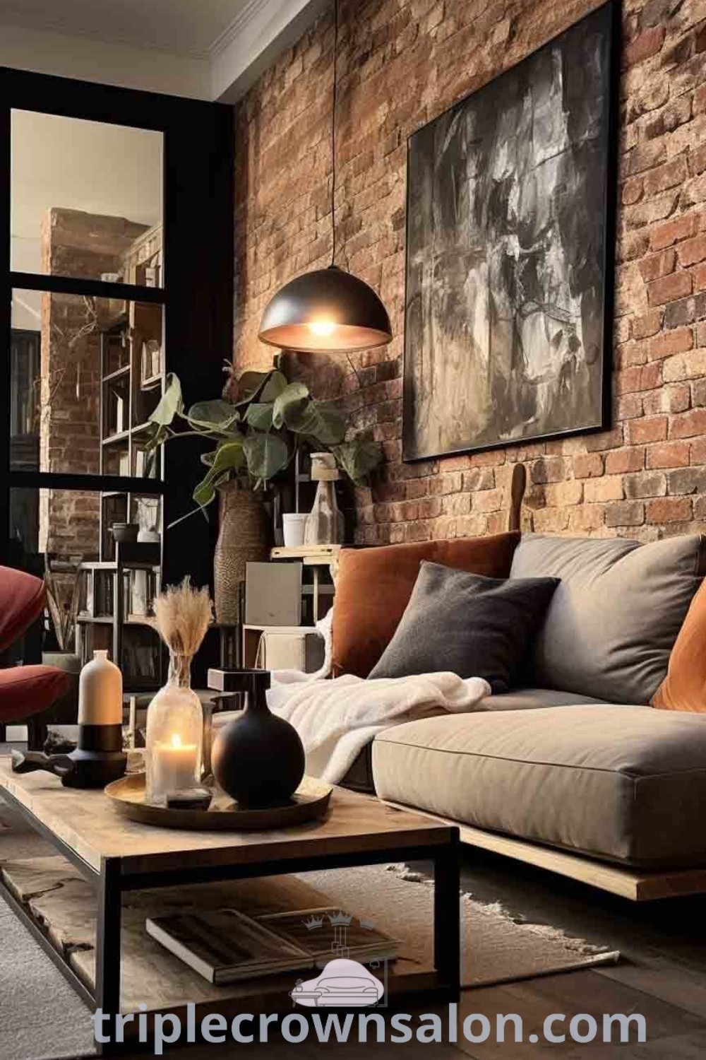 A cozy industrial living room showcasing furniture against a brick wall with a coffee table at the center, representing warm industrial living ideas. This design offers decor inspirations for a men