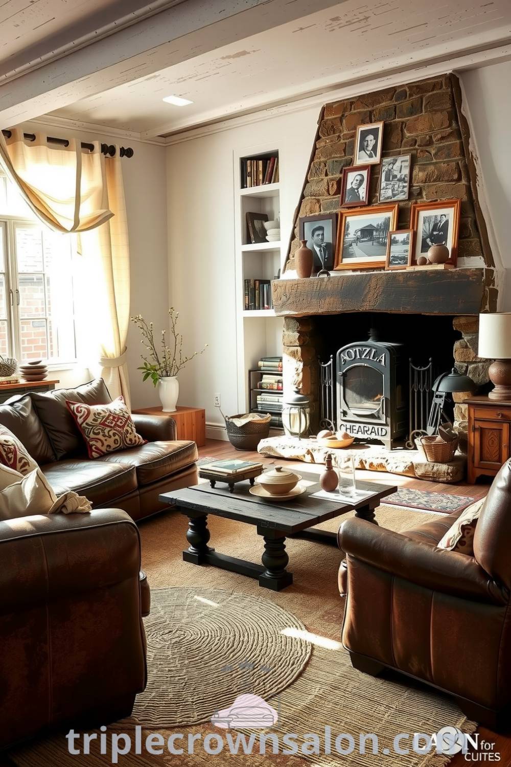 Rustic living room with whitewashed walls, leather sofa, handwoven rug, stone fireplace, and shelves filled with books and photographs, embodying cozy ideas and unique decor inspirations for your home at fireplacesandwoodstoves.com.