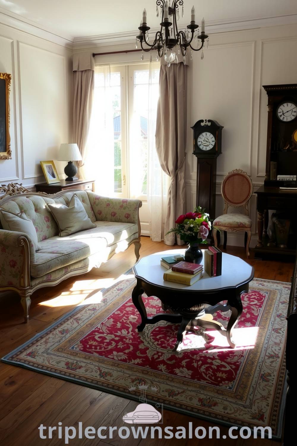 Cozy French living room with soft cream walls, distressed oak flooring, vintage floral sofa, ornate coffee table with books and fresh flowers, and sunlight filtering through lace curtains, showcasing cozy ideas and decor inspirations for your home on triplecrownsalon.com.