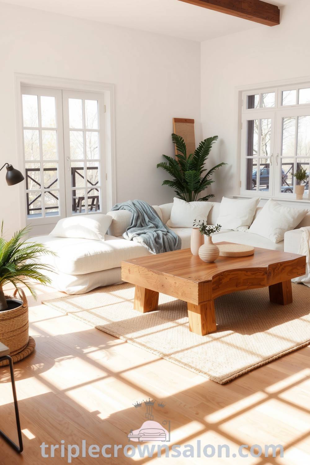 Cozy Scandinavian living room featuring white walls, a plush gray sofa, rustic wooden coffee table, woven rug, and potted greenery, offering inviting decor ideas for a warm and relaxing atmosphere at www.triplecrownsalon.com.