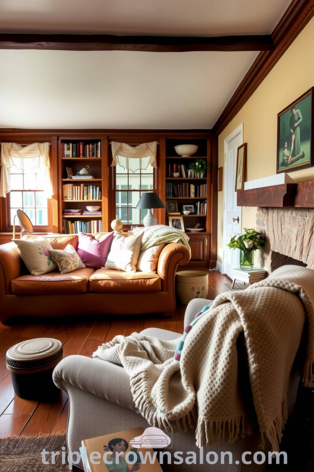 Cozy farmhouse living room with warm yellow light, overstuffed sofa with floral pillows, rustic stone fireplace, bookshelves filled with novels, and handmade crafts, offering inspiring decor ideas for a cozy home at triplecrownsalon.com.