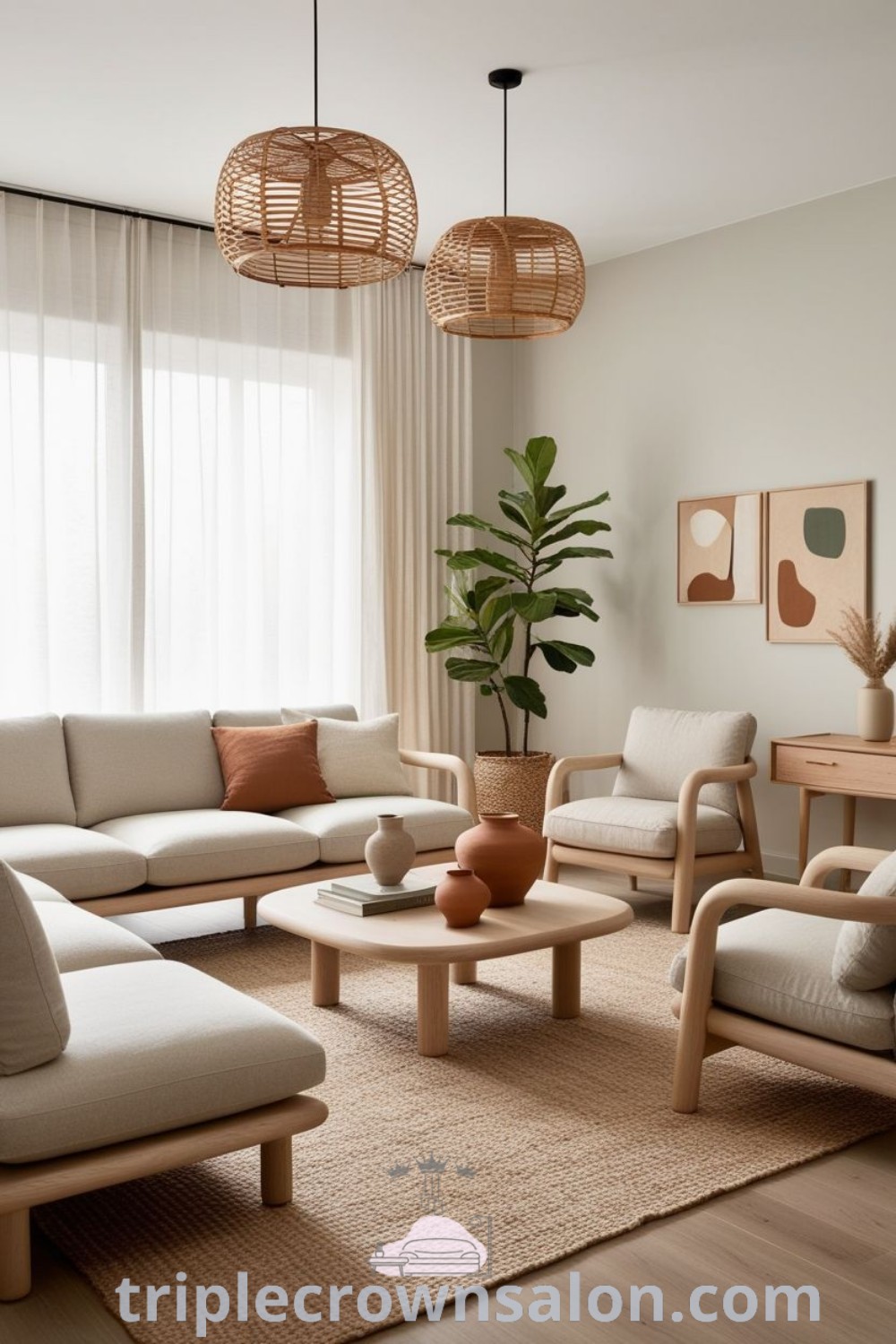 A well-decorated Japandi living room featuring cozy elements, modern Scandinavian design, and inviting decor ideas. This space showcases inspiring unique ideas for small homes, blending calming aesthetics with functionality. Discover more about enhancing your cozy home at triplecrownsalon.com.
