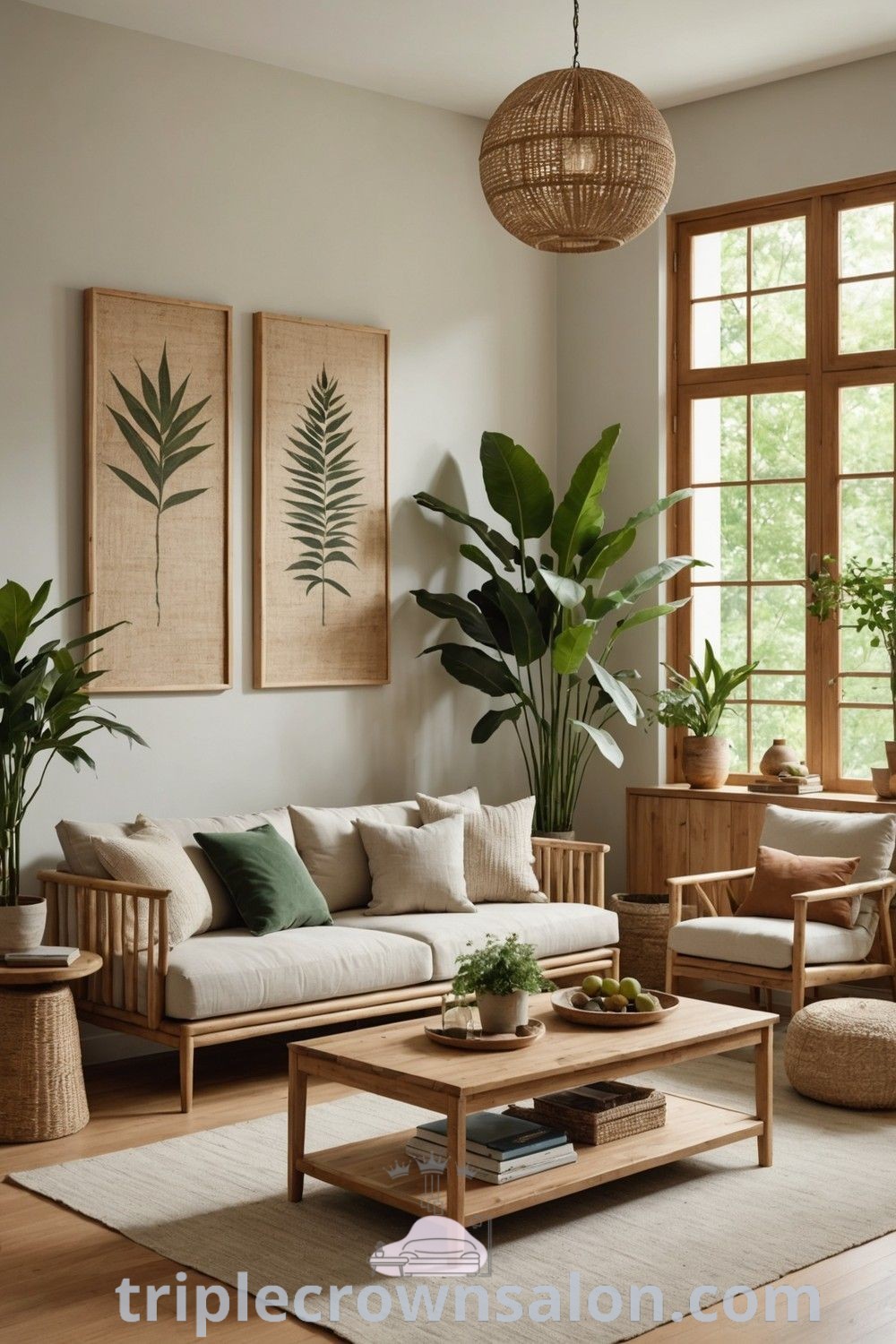 An organic modern living room filled with natural wood furniture, plants, and cozy decor ideas, creating an inviting atmosphere. Perfect for family room decorating and inspiring design trends, discover unique ideas for your home at triplecrownsalon.com.