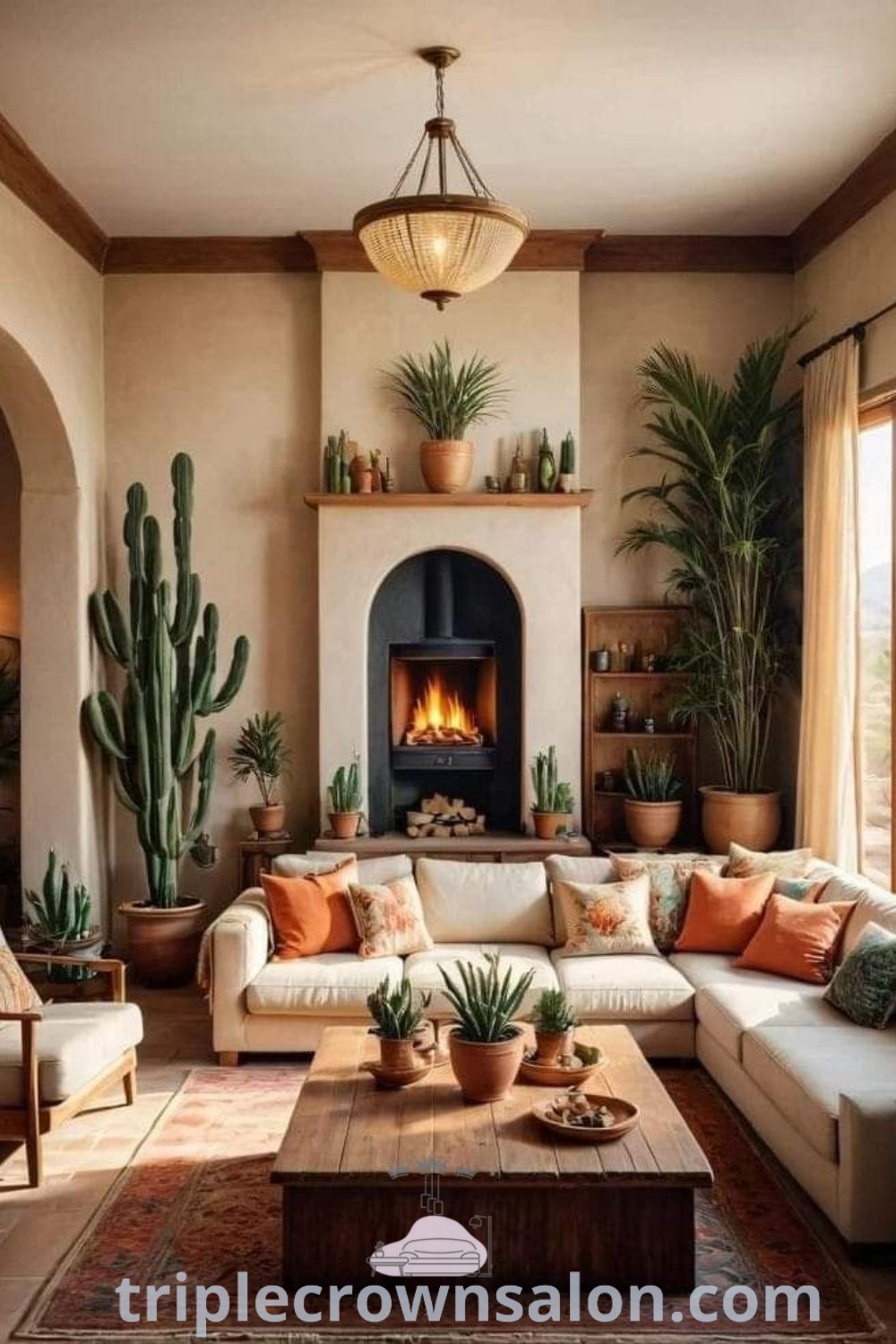 A cozy Southwest living room filled with various furniture pieces and lush potted plants, showcasing a blend of Mexican home decor and desert living aesthetics. This inspiring space offers unique design ideas for creating a warm atmosphere in your home. Discover more at wellnesswink.com.