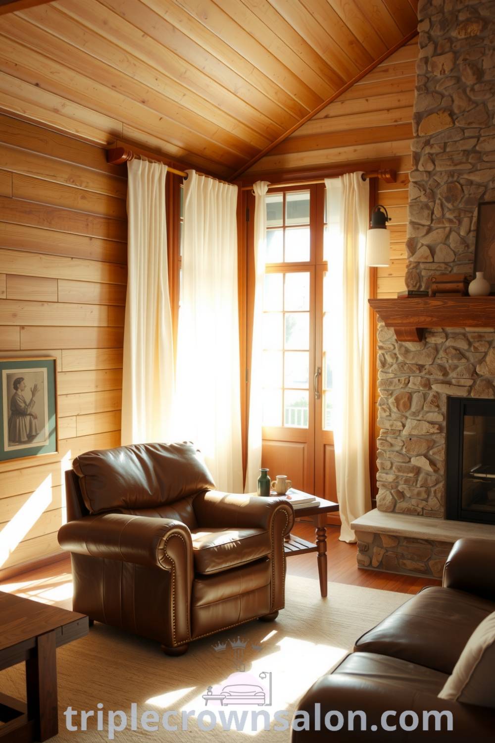 Cozy rustic living room with beige wood paneling, stone fireplace, leather armchair, and reclaimed wood coffee table, showcasing cozy ideas and decor inspirations that create an inviting atmosphere for your home, as seen on triplecrownsalon.com.