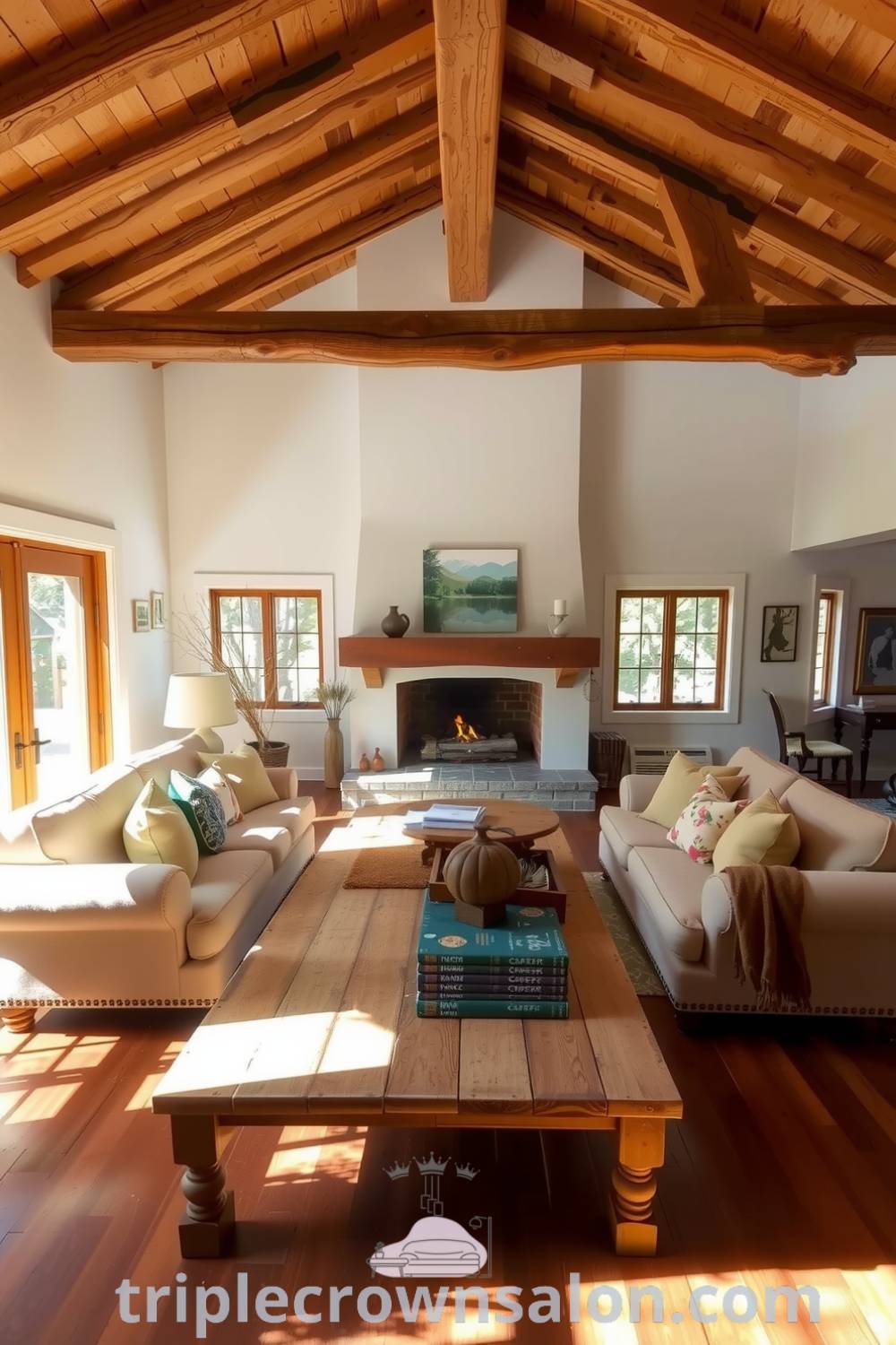 Cozy rustic living room featuring natural wooden beams, a well-worn sofa with earthy cushions, a reclaimed wooden coffee table, and an open fireplace. Sunlight casts shadows on the hardwood floor, creating a tranquil atmosphere filled with warm and inviting decor ideas from fireplacesandwoodstoves.com.