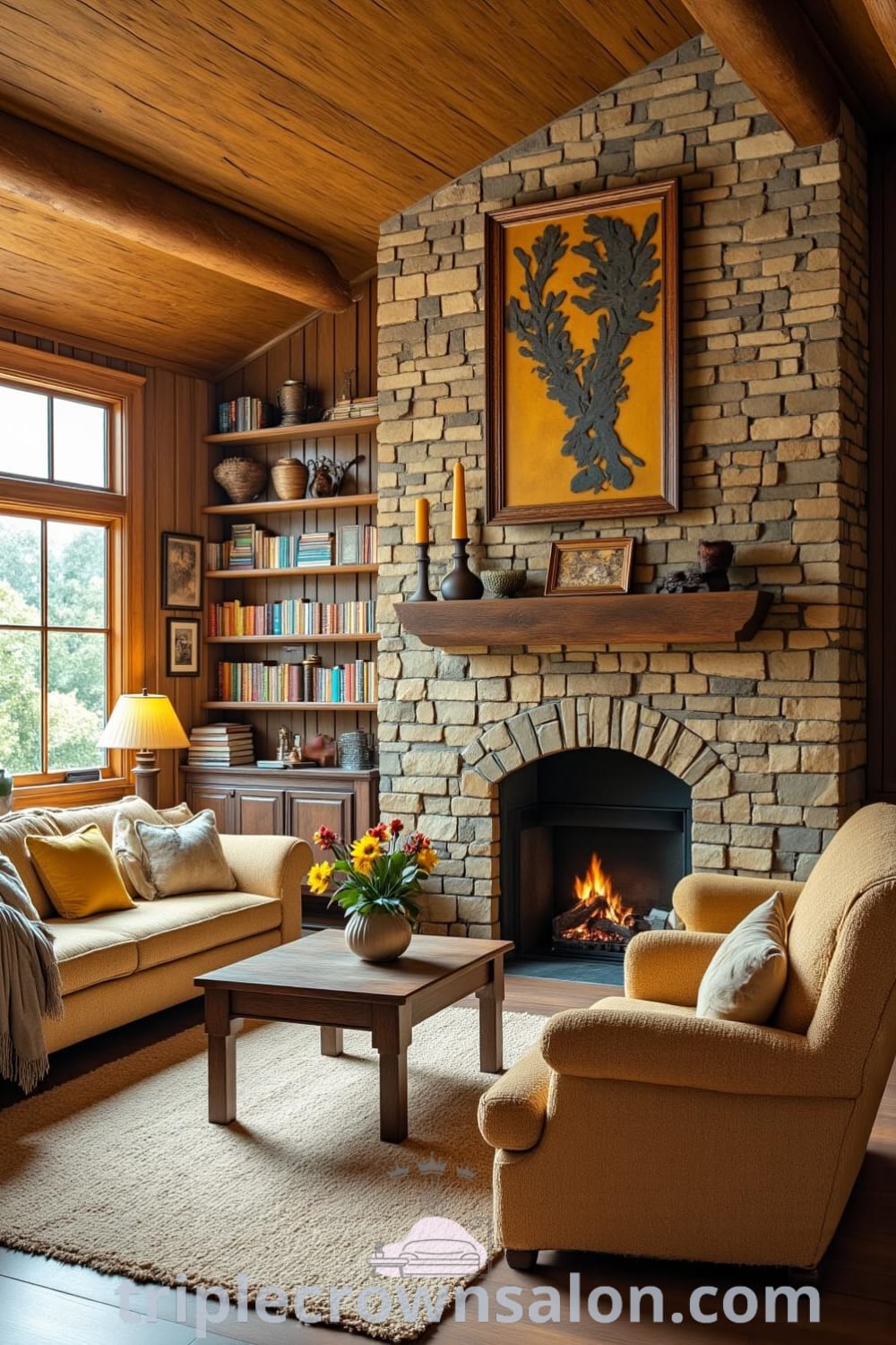 Warm rustic living room with sunlight filtering through a mullioned window, featuring mismatched furniture around a stone fireplace, a faded rug, and shelves filled with books and knick-knacks, providing cozy ideas and decor inspirations for your home at fireplacesandwoodstoves.com.