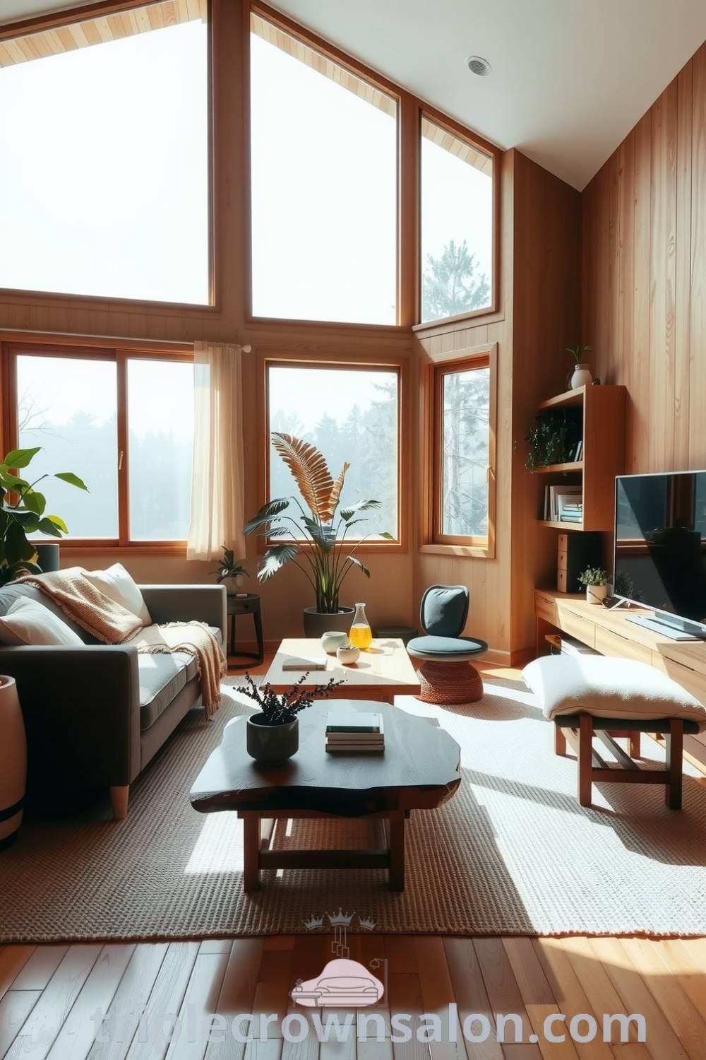 Japandi living room featuring warm brown tones, a minimalist sofa, a handcrafted coffee table, large windows with natural light, potted plants, and a woven rug, showcasing cozy design ideas from triplecrownsalon.com.