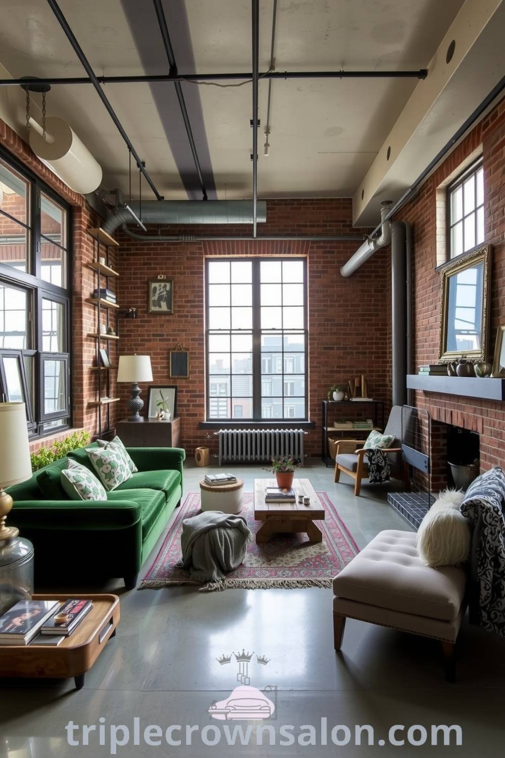 Industrial living room featuring exposed brick walls, polished concrete floors, deep green velvet sofa, reclaimed wood coffee table, and a mix of metal accents and vintage decor, creating a cozy aesthetic perfect for a house or apartment. Visit triplecrownsalon.com for decor inspirations and ideas for your home.