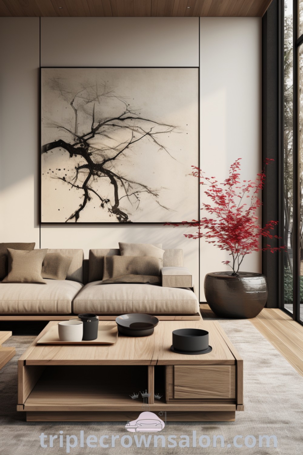 A cozy Japandi living room featuring a stylish rug, indoor plants, and wall art, embodying the Japan Aesthetic Living Room vibe. Ideal for decor ideas for small spaces, this design inspires a soothing atmosphere for your home, showcasing unique ideas and inspirations at triplecrownsalon.com.