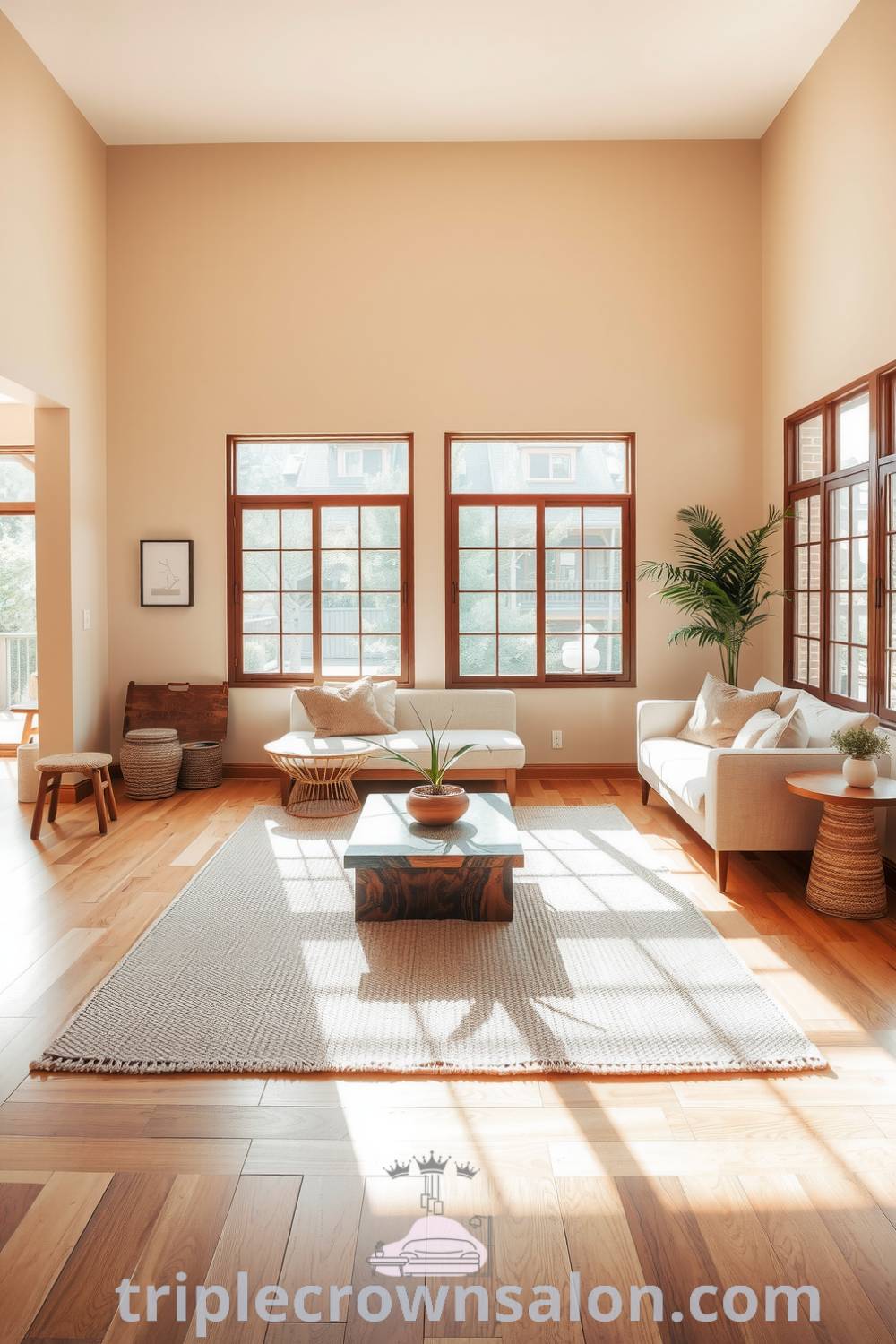 Japandi living room featuring a warm beige palette, smooth wooden floors, a woven area rug, reclaimed wooden coffee table, plush seating with earthy textiles, and a potted plant, showcasing cozy ideas and decor inspirations for your home at triplecrownsalon.com.
