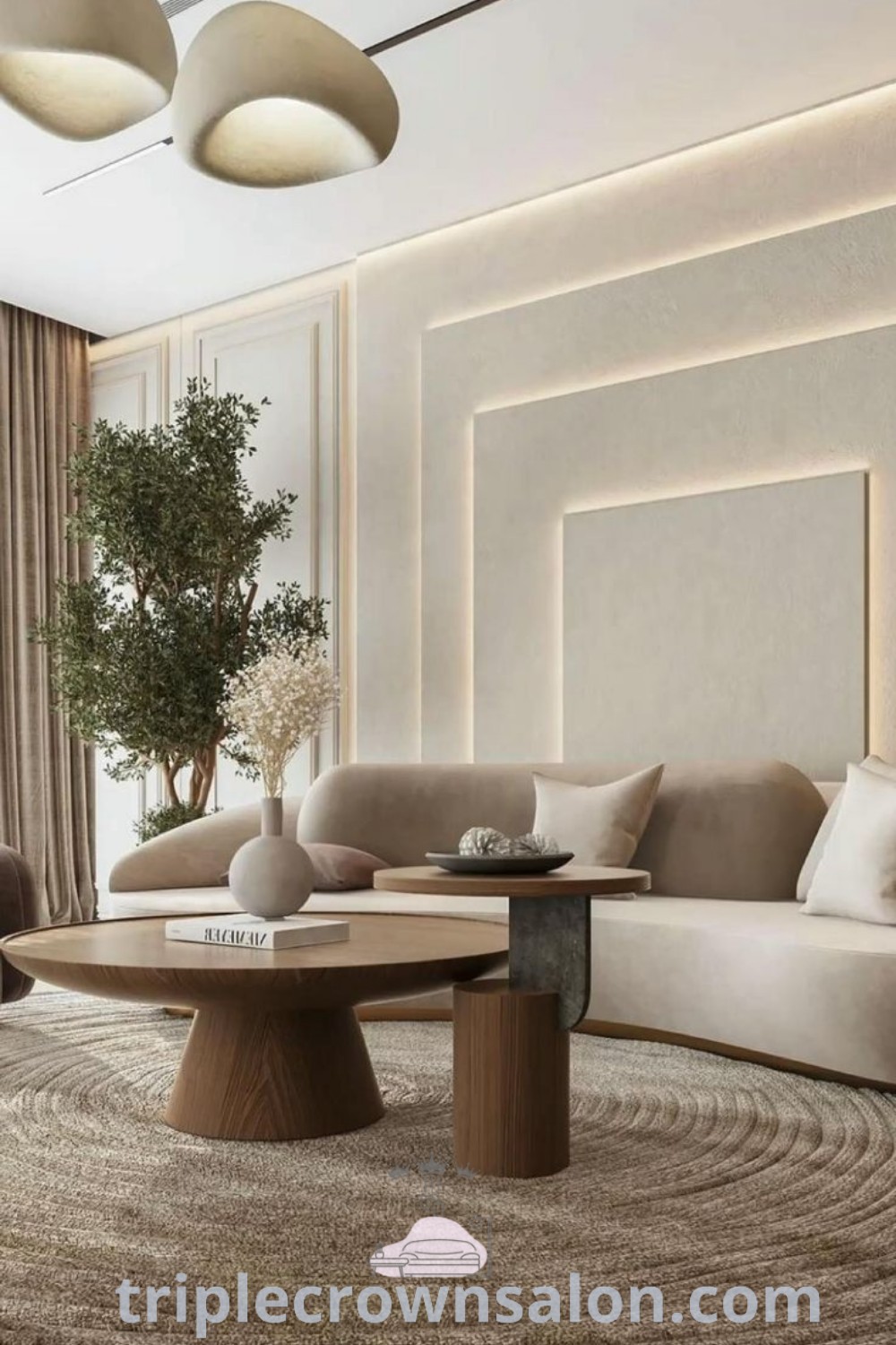 A modern living room showcasing cozy couches, minimalist tables, and stylish lamps beneath a large window. This contemporary design exemplifies decor ideas for small spaces and unique home inspirations, enhancing relaxation and comfort. Discover more cozy ideas at triplecrownsalon.com.