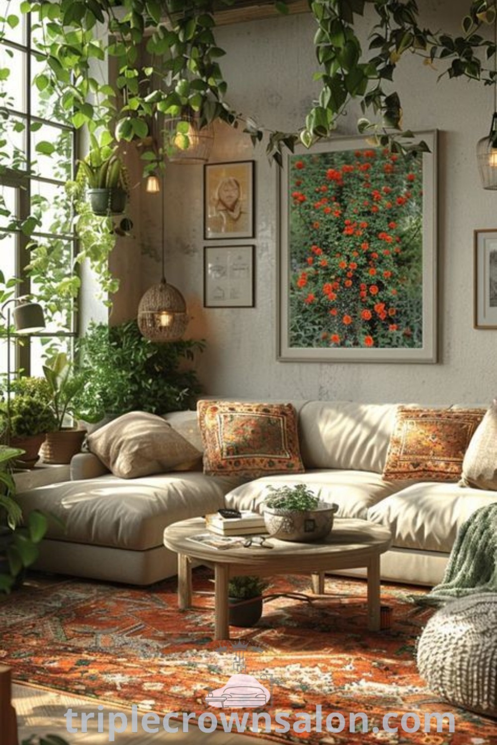 A bohemian living room filled with lots of furniture and plants, showcasing a white couch, earthy accents, and cozy decor ideas for a warm, inviting atmosphere. This space offers design tips and insights for those seeking unique ideas for their home. Discover more inspirations at triplecrownsalon.com.