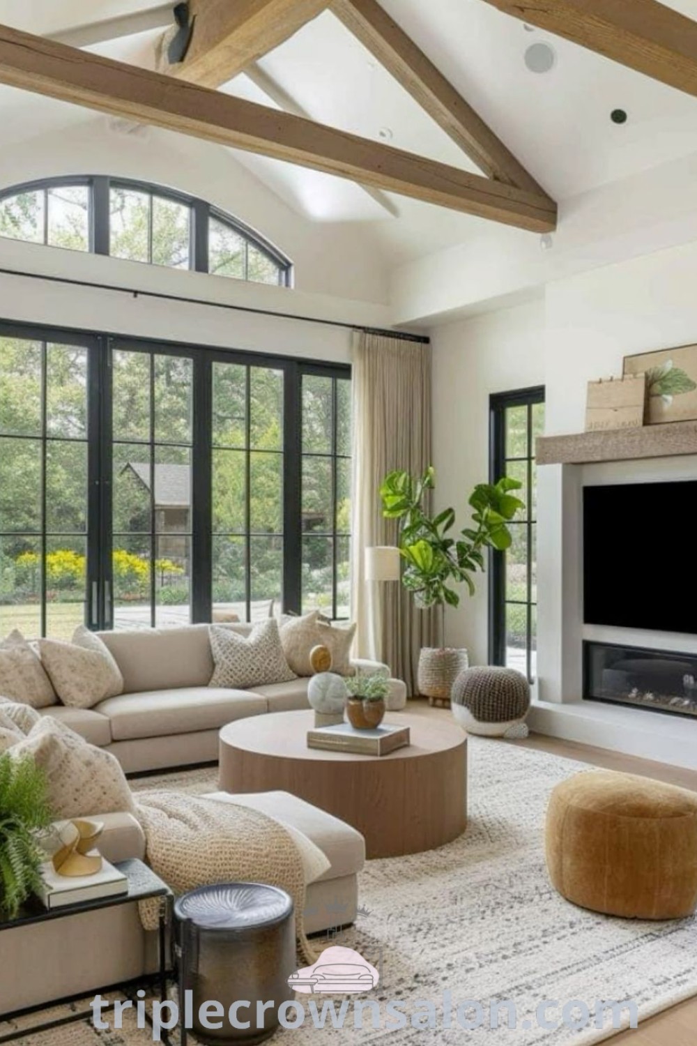 A cozy living room filled with rustic furniture, a flat screen TV mounted above a fireplace, showcasing design ideas for small living dining combos, perfect for your apartment or lodge. Explore inspiring decor ideas for small spaces at triplecrownsalon.com.