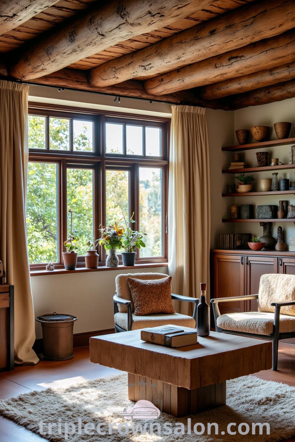 Rustic living room featuring a wooden coffee table, mismatched armchairs, and sunlight filtering through a wide window, creating a cozy and inviting atmosphere with natural elements, perfect for design inspirations at fireplacesandwoodstoves.com.