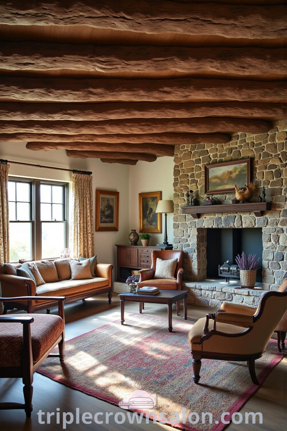 Cozy living room featuring rough-hewn wooden beams, a rugged stone fireplace, and vintage furniture, with layered rugs and sunlight filtering through lace curtains, providing inspiring decor ideas for your home. Visit fireplacesandwoodstoves.com for unique ideas.