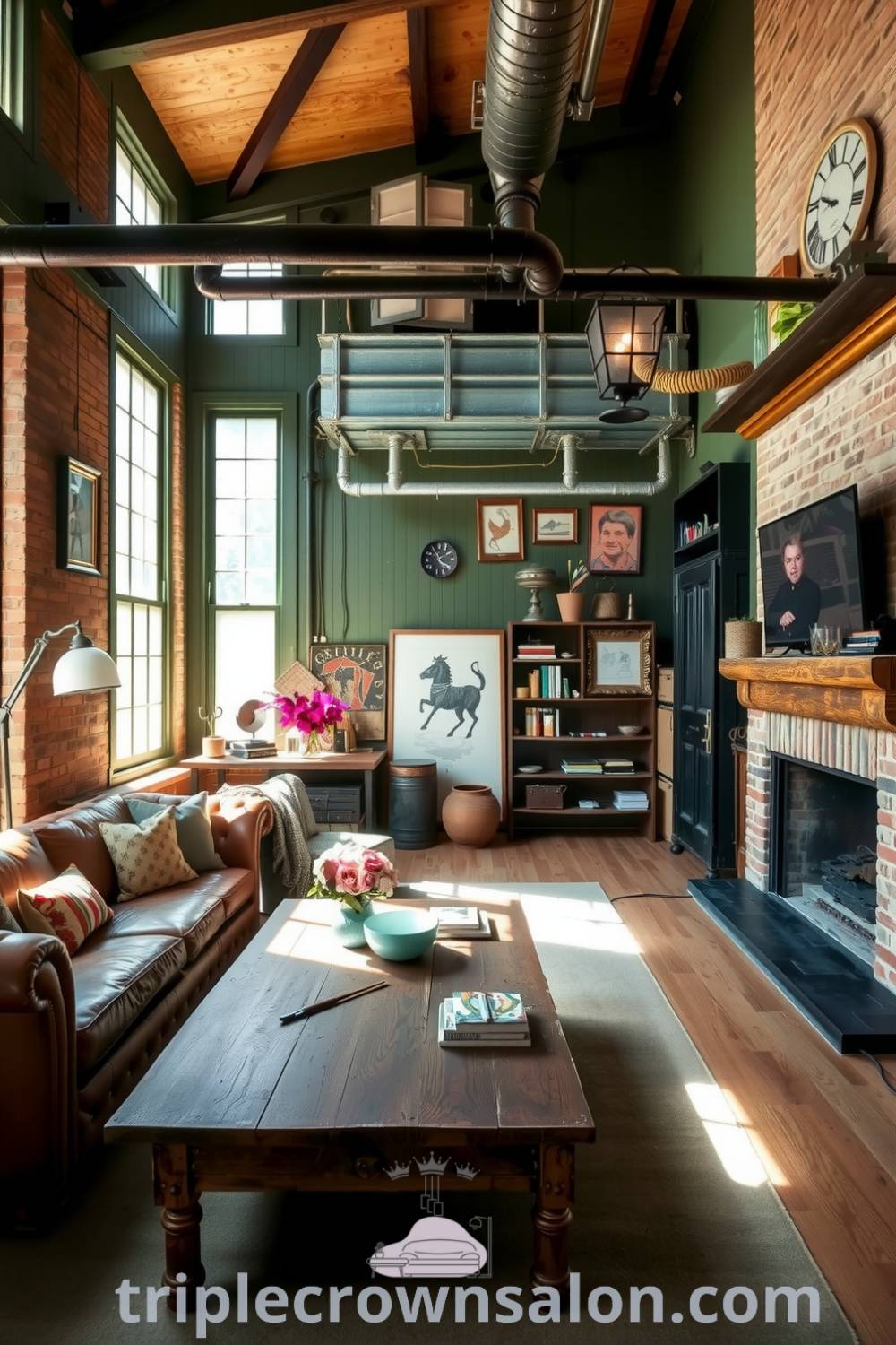 Cozy industrial living room with deep green walls, exposed brick, distressed metal fixtures, a leather sofa, a rustic wooden coffee table, and vintage decor, creating inspiring cozy ideas for your home. Visit triplecrownsalon.com for more design inspirations.