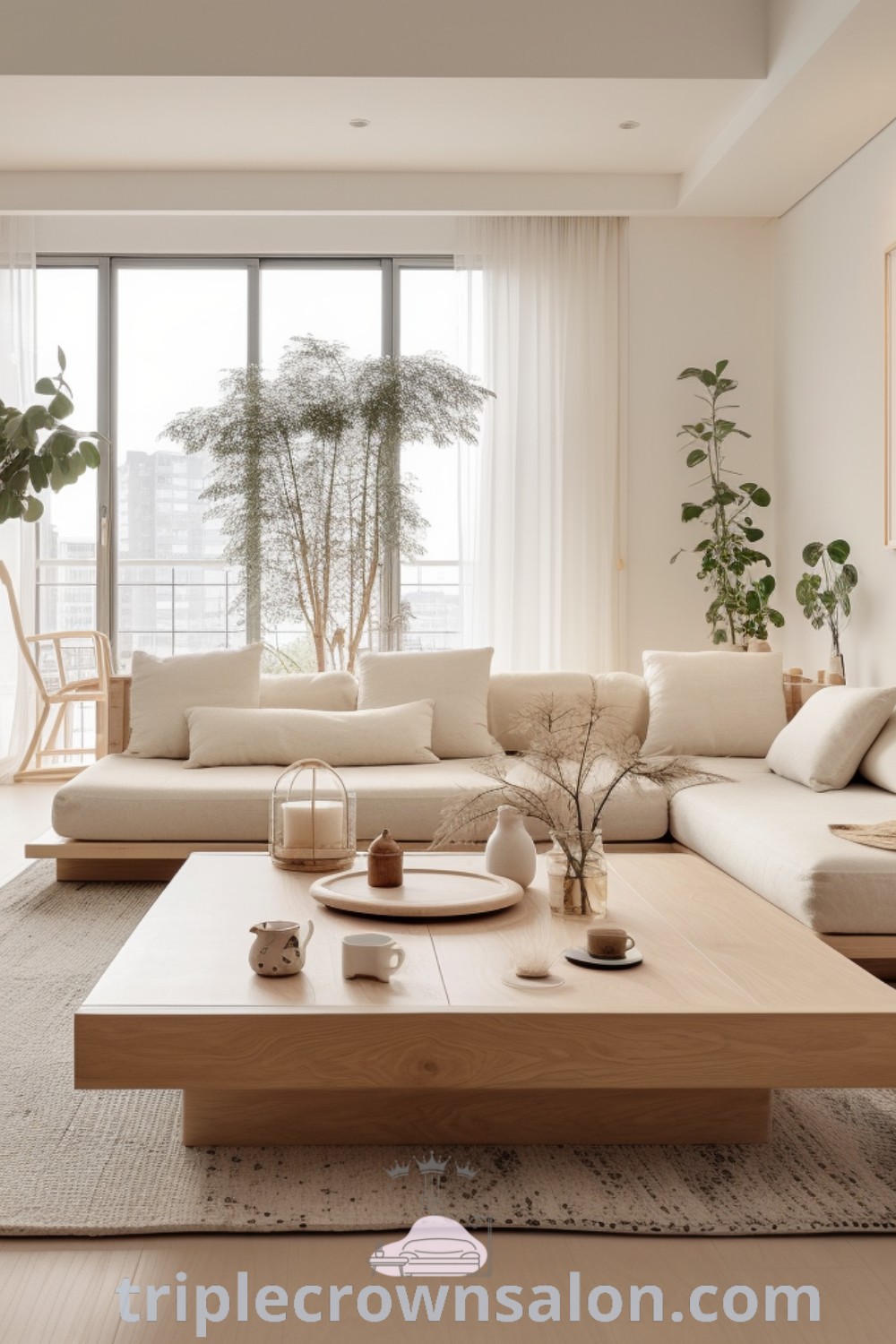 A cozy Japandi living room featuring clean lines, neutral colors, and functional decor that embodies Japanese minimalism and Scandinavian comfort. This inviting design offers unique ideas for your home, showcasing inspiring decor ideas while promoting relaxation. Discover home design inspirations at triplecrownsalon.com.