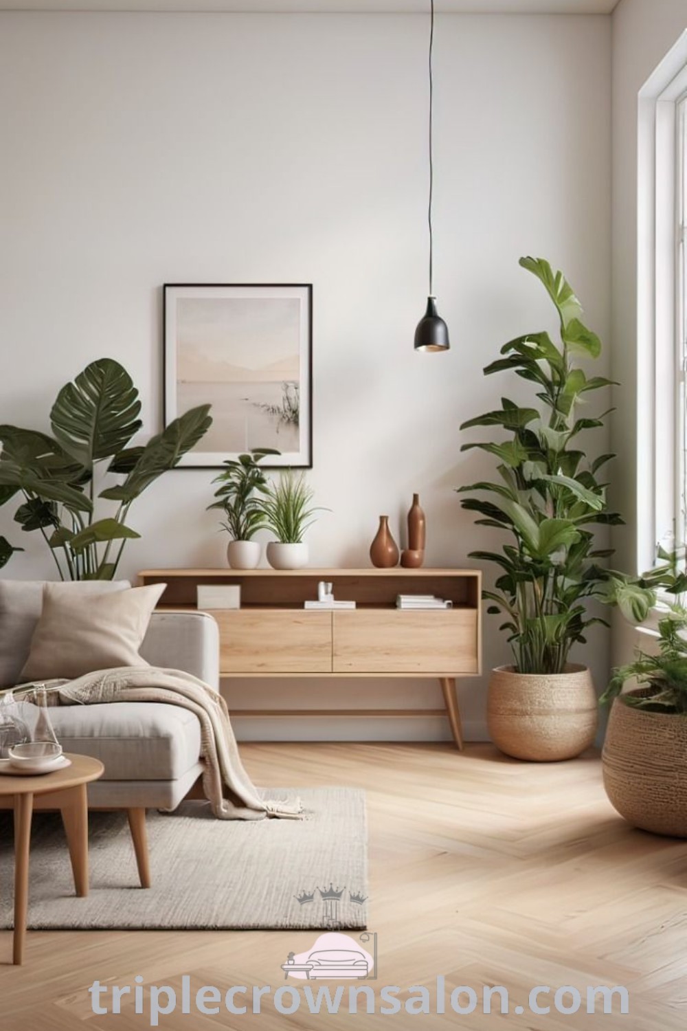 A cozy Scandinavian living room filled with furniture and abundant plants, showcasing Nordic style interior design that promotes a serene atmosphere. Discover inspiring decor ideas and unique designs for your home at triplecrownsalon.com.