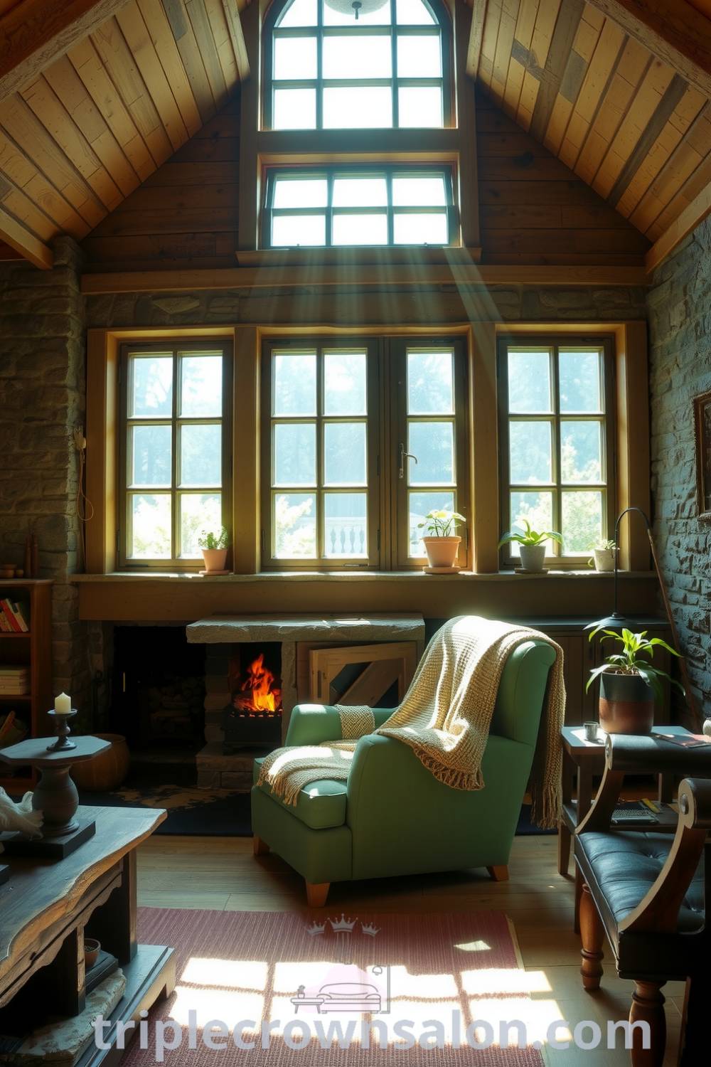 Rustic living room with large mullioned windows, rough-hewn wooden furniture, textured soft earthy walls, and a stone fireplace, showcasing cozy ideas and inviting decor inspirations from fireplacesandwoodstoves.com.
