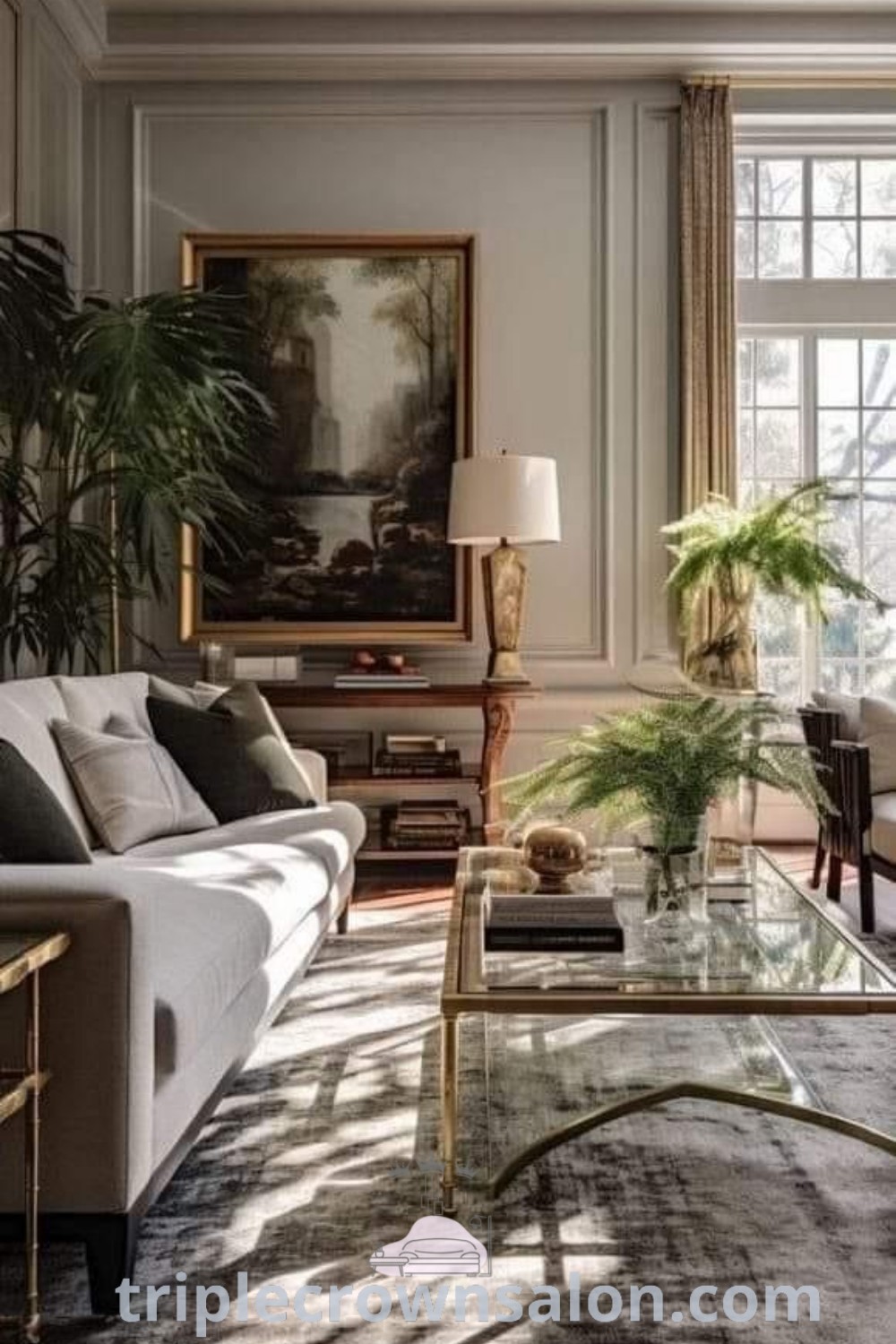 A bright living room filled with elegant furniture and large windows, showcasing a stunning focal wall and embodying French European decor. This space provides inspiring design ideas for a cozy home atmosphere. Discover more decor inspirations at triplecrownsalon.com.