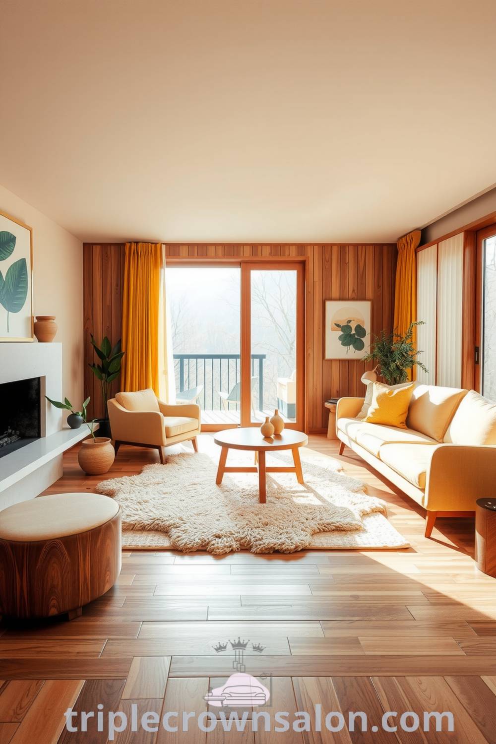 Cozy Japandi living room featuring soft yellow accents, natural wood, a plush area rug, and low-profile furniture, with sunlight streaming through large windows, creating a serene and inviting atmosphere. Visit triplecrownsalon.com for inspiring decor ideas.