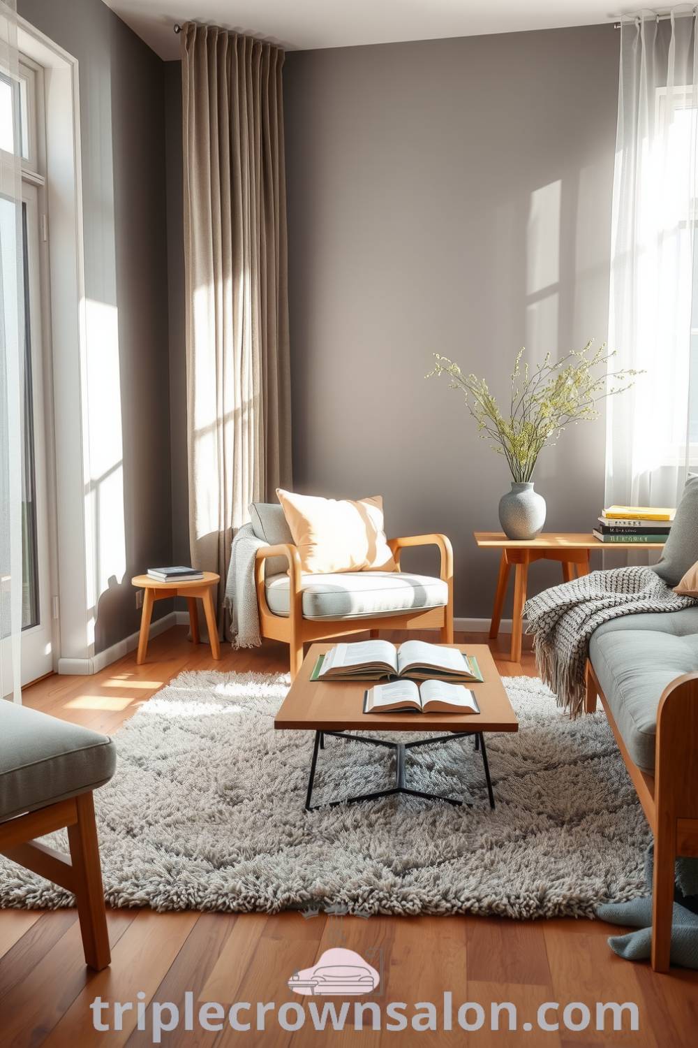 Scandinavian living room featuring warm grey tones, natural wood accents, a plush rug, low coffee table with books and a throw blanket, and cushioned seating, creating a cozy aesthetic. Visit triplecrownsalon.com for unique decor ideas for your home.